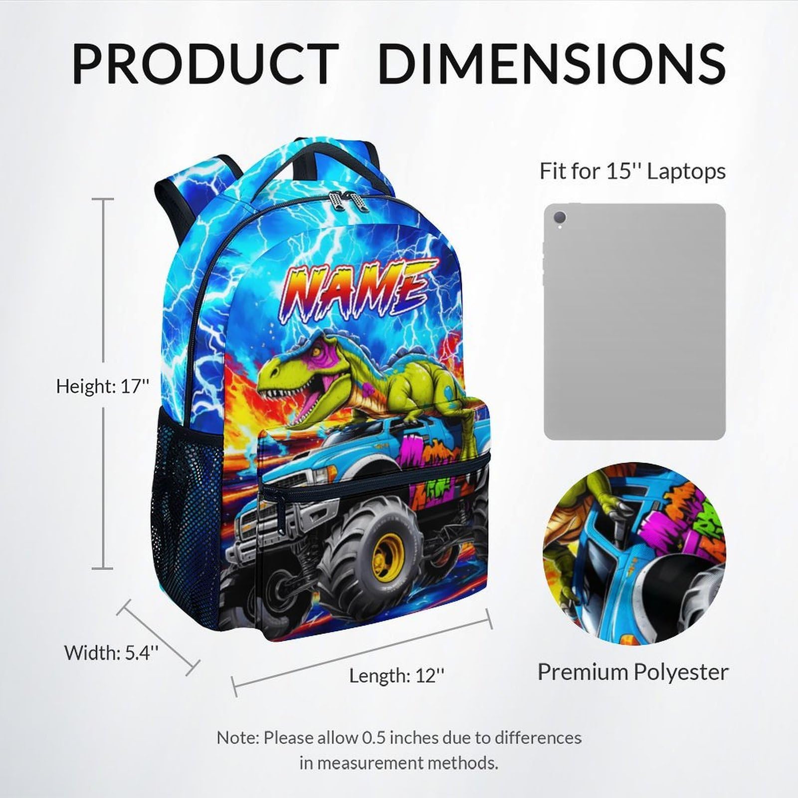 Dinosaur Backpack for Kids Personalized Boys Truck Bookbag with Name - 17 Inch Toddler School Bag with Padded Straps for Preschool Kindergarten Elementary