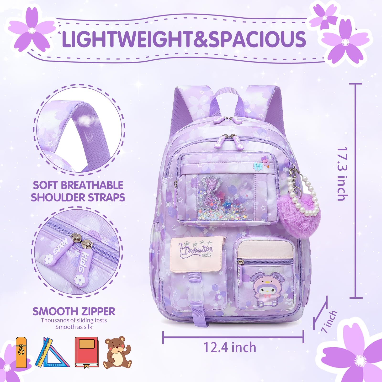 Lovely Girls Backpack School Bag for Students Kids Book Bag with Multiple Pockets Splash-proof Children's Backpack（17inch Pink）