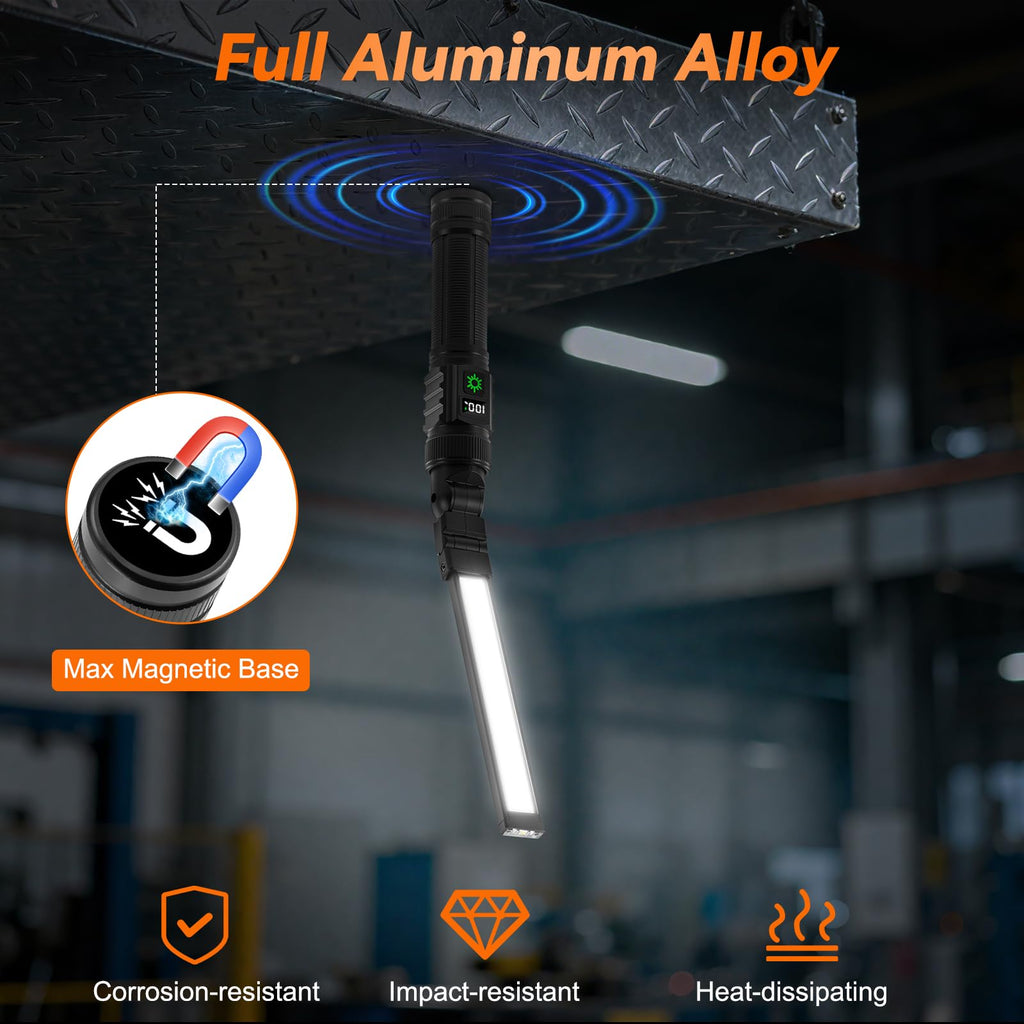 2Pack Magnetic Rechargeable LED Work Light/Flashlight for Mechanics | All Aluminum, 1500 High Lumens, Digital Display, 7 Modes, 360° Rotation, for Car Repairing, Emergency, Gifts for Father