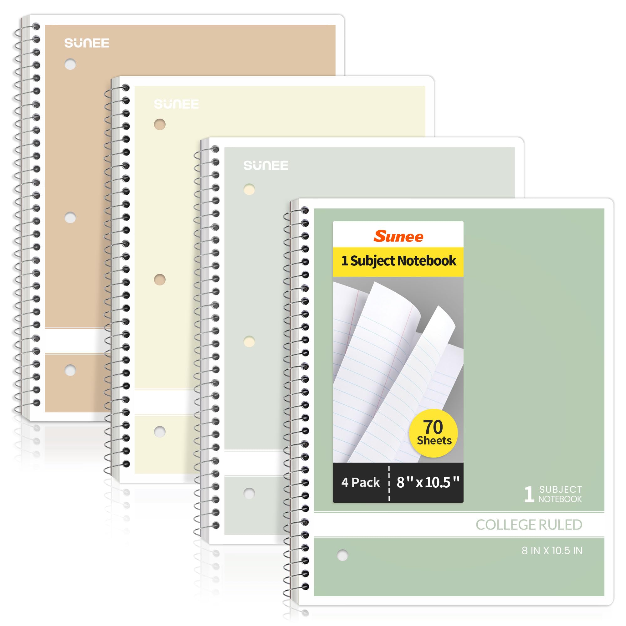 SUNEE Spiral Notebooks, 1-Subject, 5 Pack, College Ruled Paper, 8" x 10-1/2", 70 Sheets per Notebook,3-Hole Punched Paper, Pink,Purple, Blue, Green, Yellow Spiral Lined Notebooks for School,Work