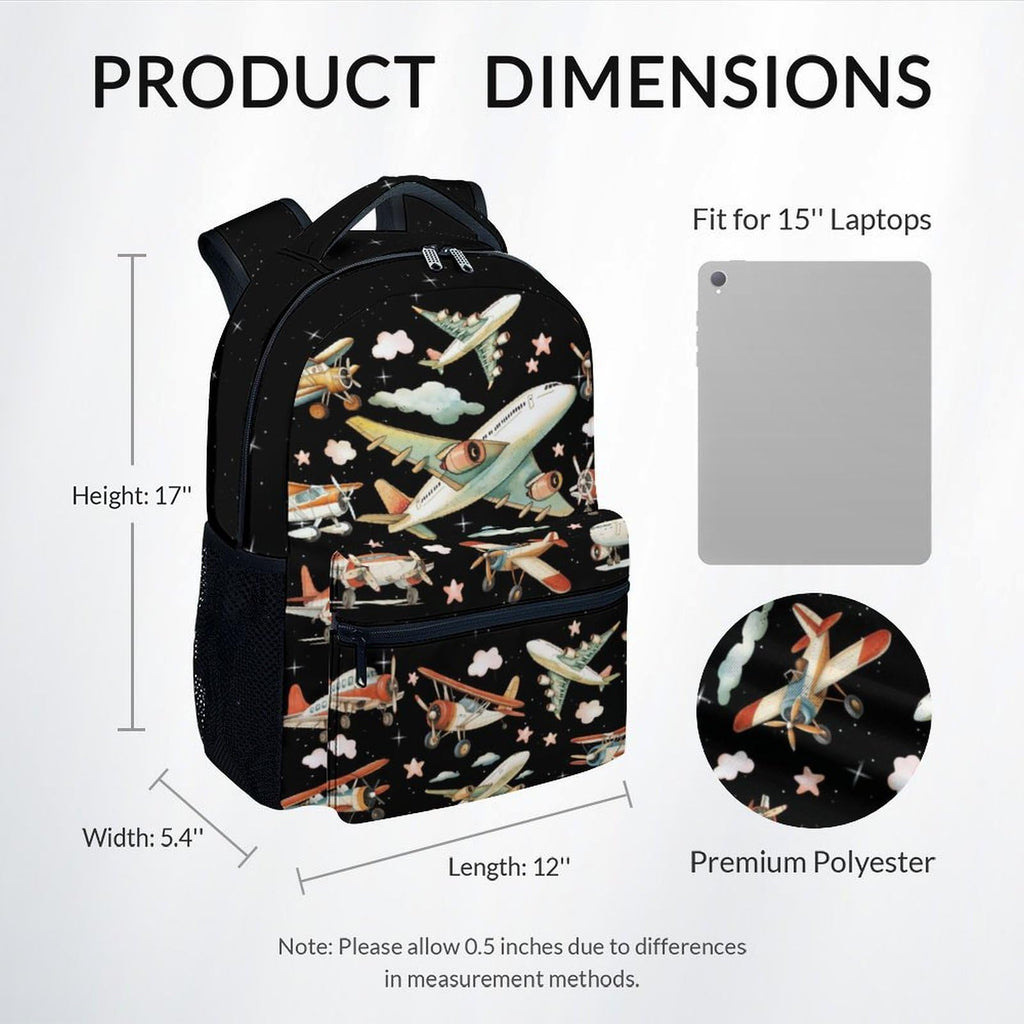 Boys Back Pack for Kids School Backpack with Airplane Print, 17 Inch Toddlers Bookbag with Padded Shoulder Straps, Lightweight Book Bag for Back to School Gifts