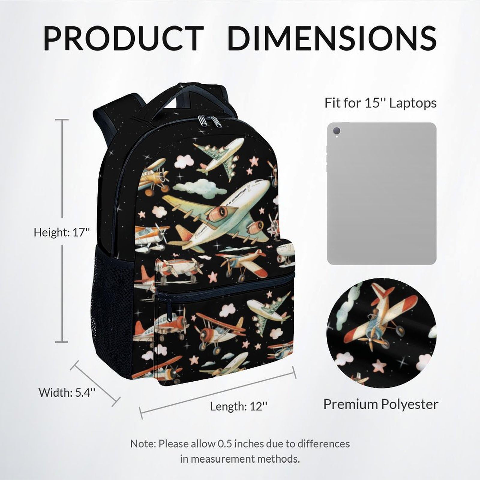 Boys Back Pack for Kids School Backpack with Airplane Print, 17 Inch Toddlers Bookbag with Padded Shoulder Straps, Lightweight Book Bag for Back to School Gifts