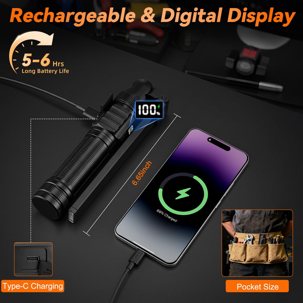 2Pack Magnetic Rechargeable LED Work Light/Flashlight for Mechanics | All Aluminum, 1500 High Lumens, Digital Display, 7 Modes, 360° Rotation, for Car Repairing, Emergency, Gifts for Father