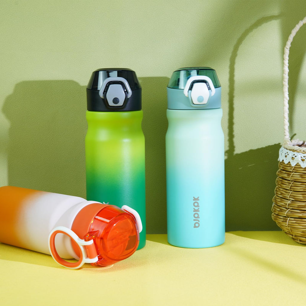 BJPKPK Insulated Water Bottle 18oz Stainless Steel Water Bottles with Straw and Carry Handle Double Wall Metal Thermal Flask,Light Blue Leopard