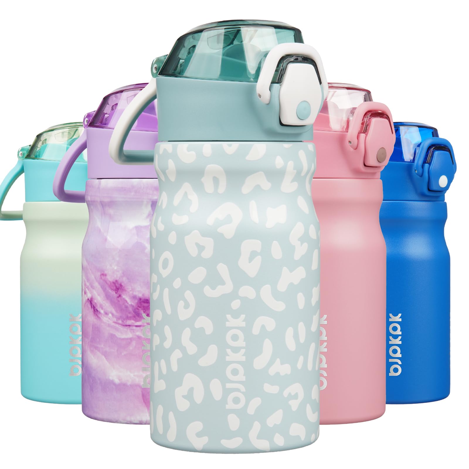 BJPKPK Insulated Water Bottle 18oz Stainless Steel Water Bottles with Straw and Carry Handle Double Wall Metal Thermal Flask,Light Blue Leopard