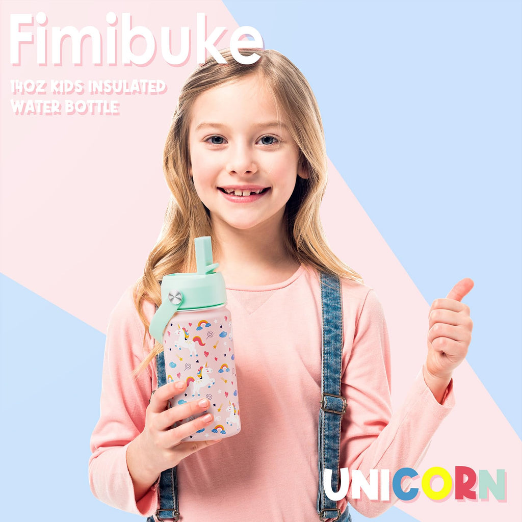 Fimibuke Kids Insulated Water Bottle, 14oz BPA FREE 18/8 Stainless Steel Travel Tumbler Double Wall Vacuum Leak Proof Kids Cup with Straw Metal Water Bottle for School Boys Girls(1 Pack, Rainbow)