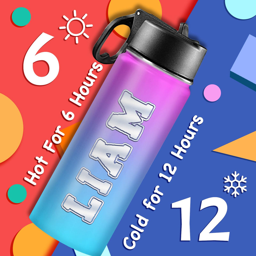 Back to School, Personalized Insulated Water Bottle for Kids 18oz Custom Name Stainless Steel Sports Water Bottles with Straw Lid Gifts for girls Boys woman man School Sports