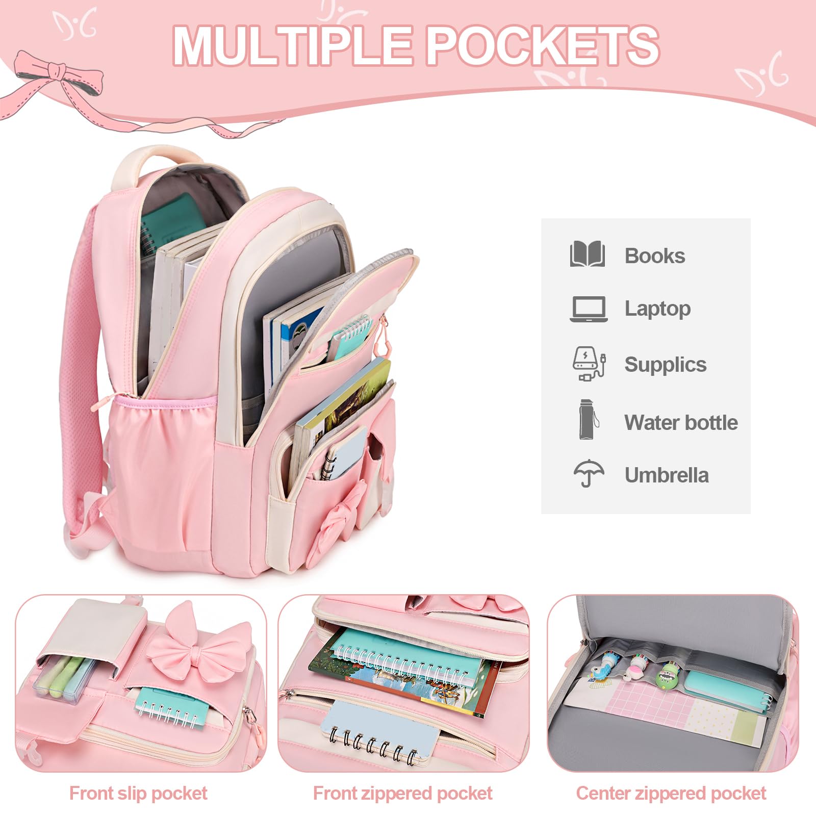 DIGOBAY Backpack for Girls, 3PCS Girls Backpack for School with Lunch Bag Pencil Case, Cute Kids Teens Bookbag for Kindergarten Elementary Preschool Middle School (Pink)