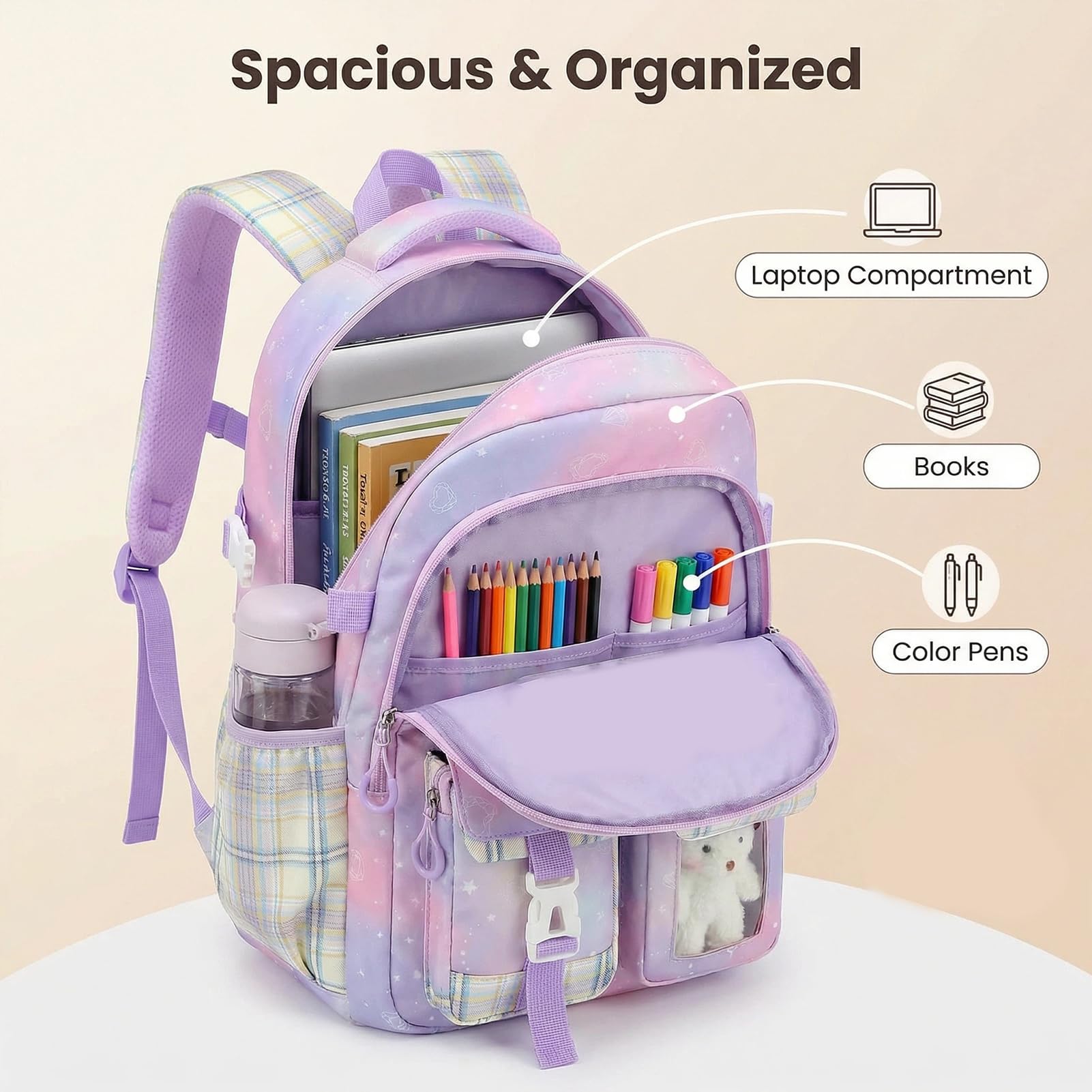 PRLINJSK Girls Backpack，Cute School Backpack for Girls Kids Teens，Kawaii Bookbag for Primary Elementary，Purple