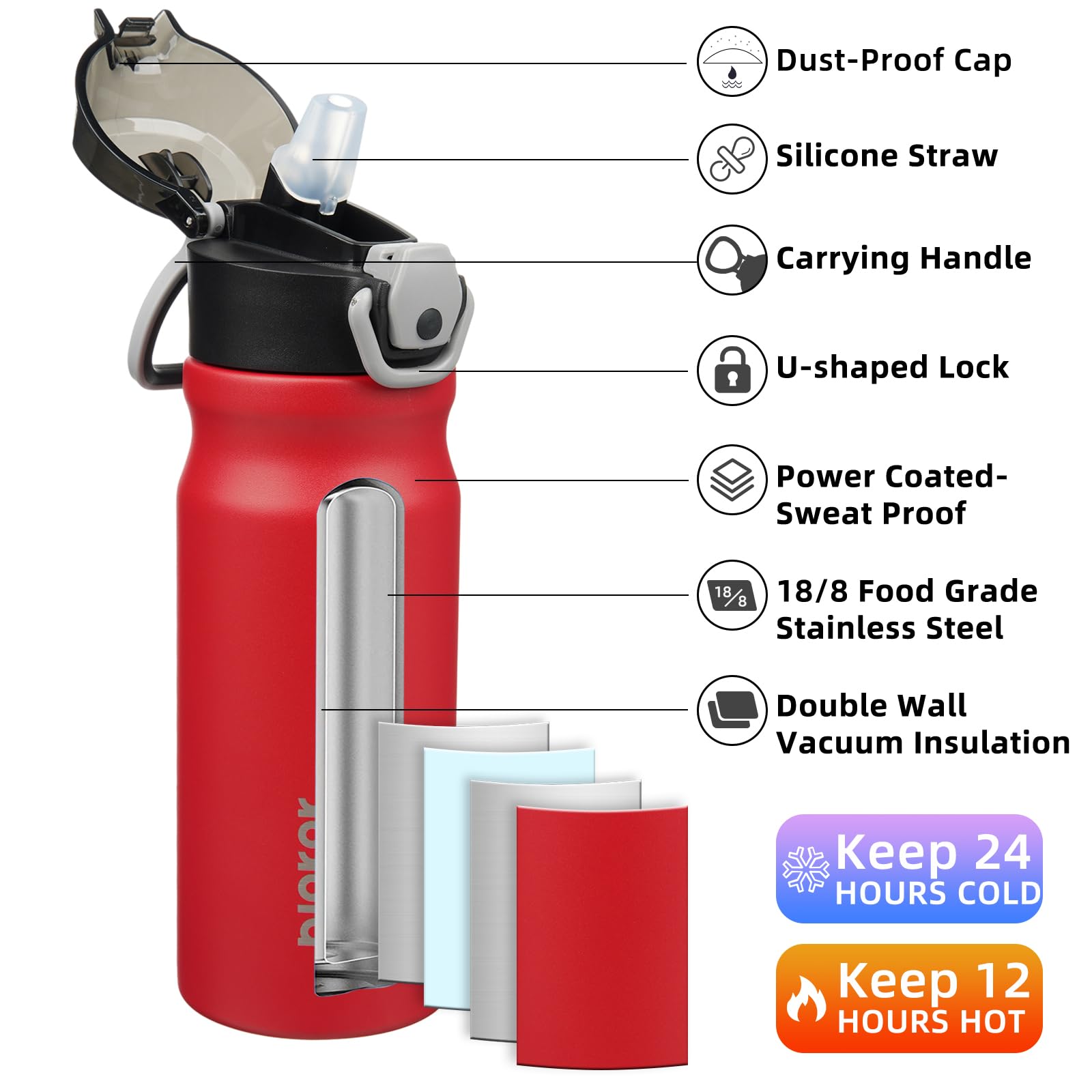 BJPKPK Insulated Water Bottle 18oz Stainless Steel Water Bottles with Straw and Carry Handle Double Wall Metal Thermal Flask,Light Blue Leopard