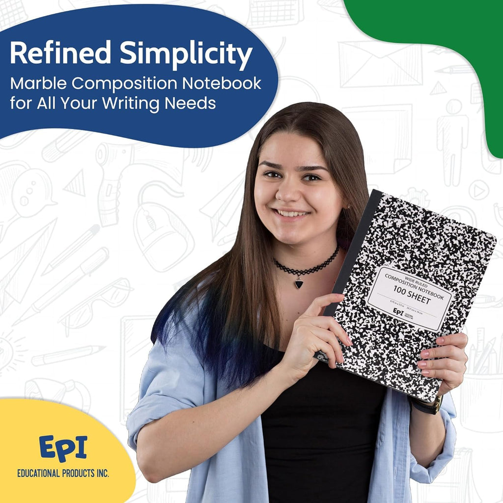 4 Pack - EPI Marble Hardcover Wide Ruled Composition Notebook | 200 Pages (100 Sheets), 9.75 x 7.5 in, Sturdy Sewn Binding | School, Office, Journaling, Notes