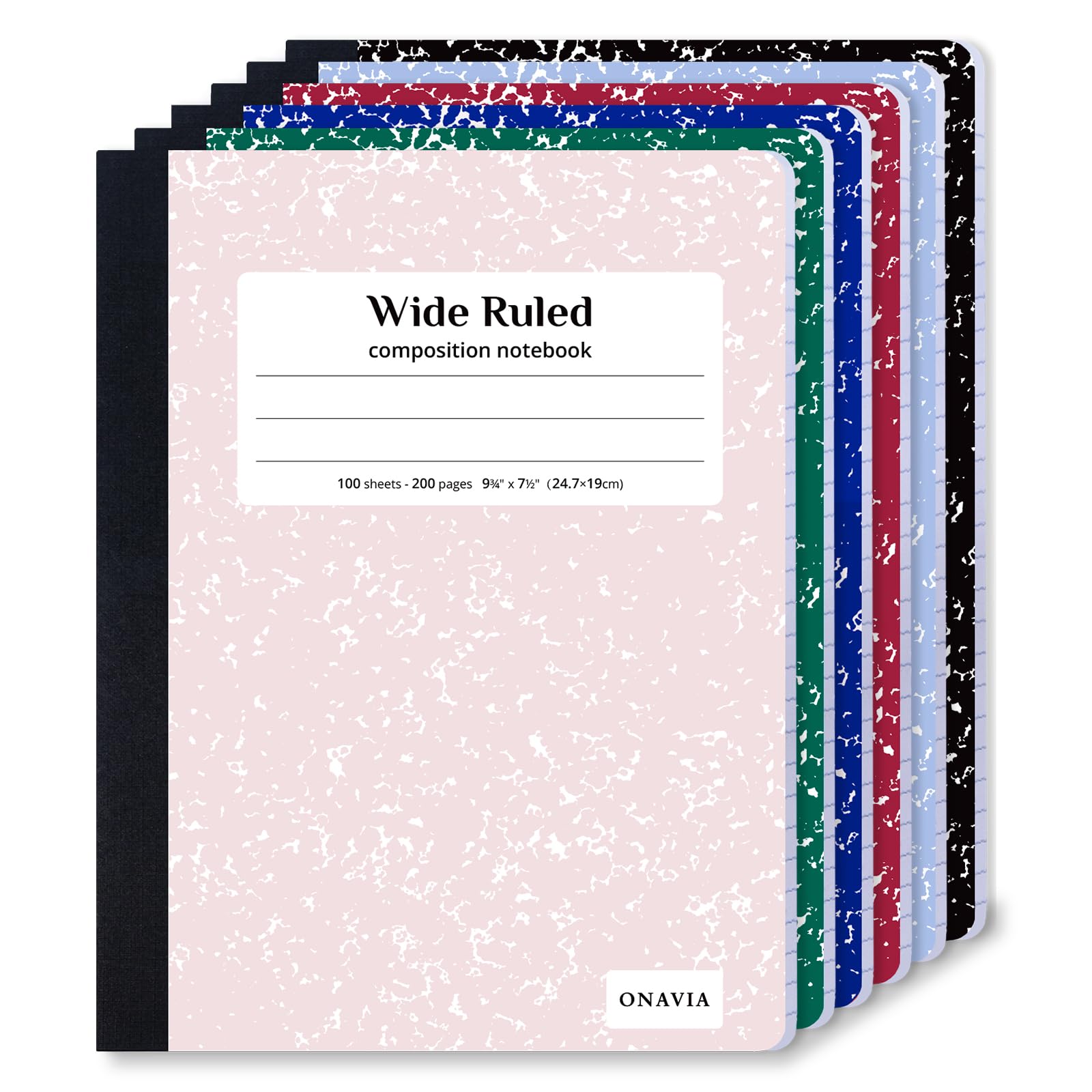 ONAVIA Composition Notebook Wide Ruled 6 Pack, 200 Pages (100 Sheets), 9-3/4 x 7-1/2, Marble Composition Books Bulk, Notebooks for School, Work, Durable Comp Book, School Supplies, Assorted Colors | 100 ct, 9.75 x 7.5 in, Wide Ruled Composition Notebook,