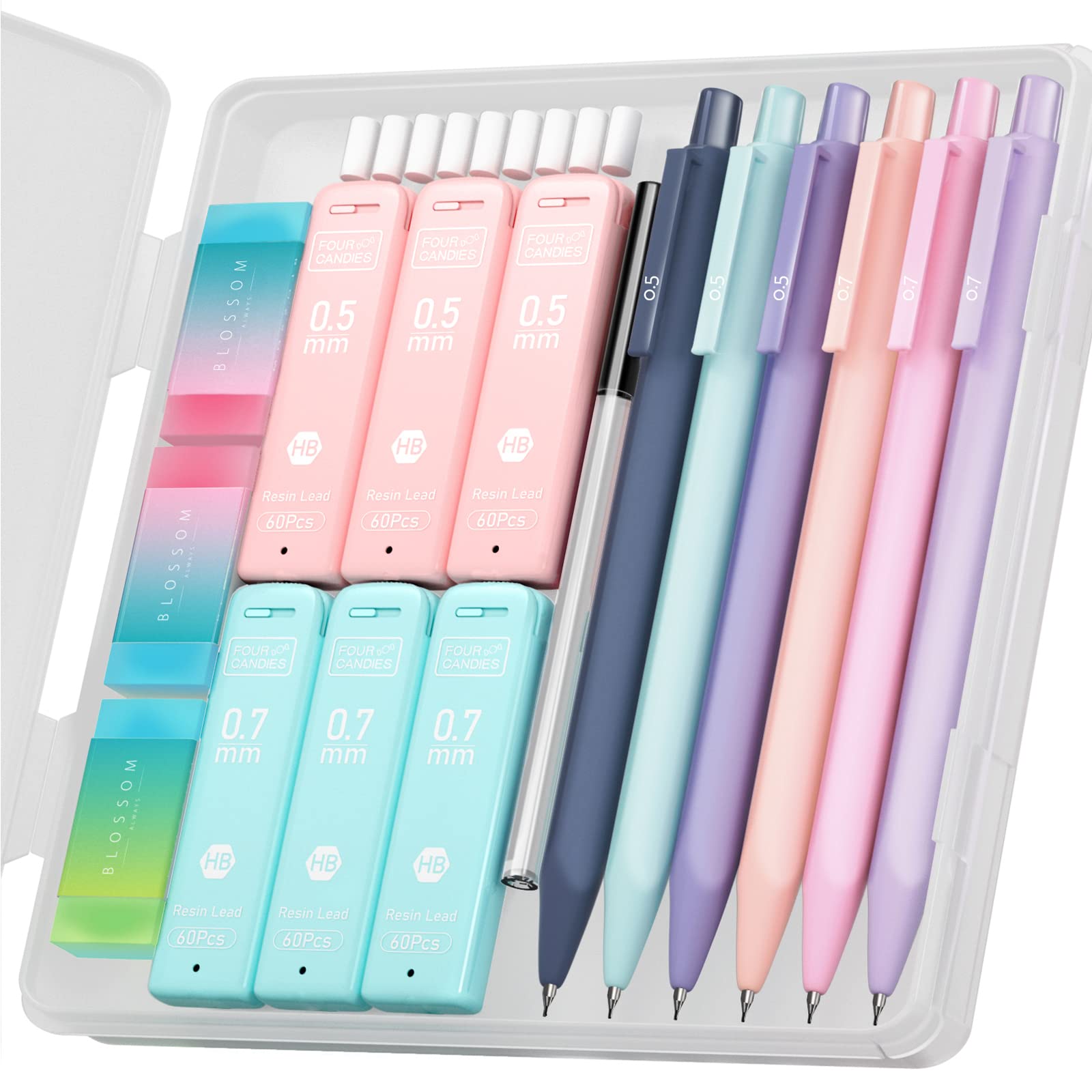 Four Candies Cute Mechanical Pencil Set, 6PCS Pastel Mechanical Pencils 0.5 mm & 0.7mm & 0.9mm with 360PCS Leads, 3PCS Erasers and 9PCS Eraser Refills, Aesthetic Pencils for Girls Writing, Art Drawing