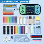 Game Controller Pencil Case for Boys Kids Teens, Large Capacity Pencil Pouch with 3 Compartments, 7 Pockets and Label Pocket for School College Office Travel (Red & Blue)