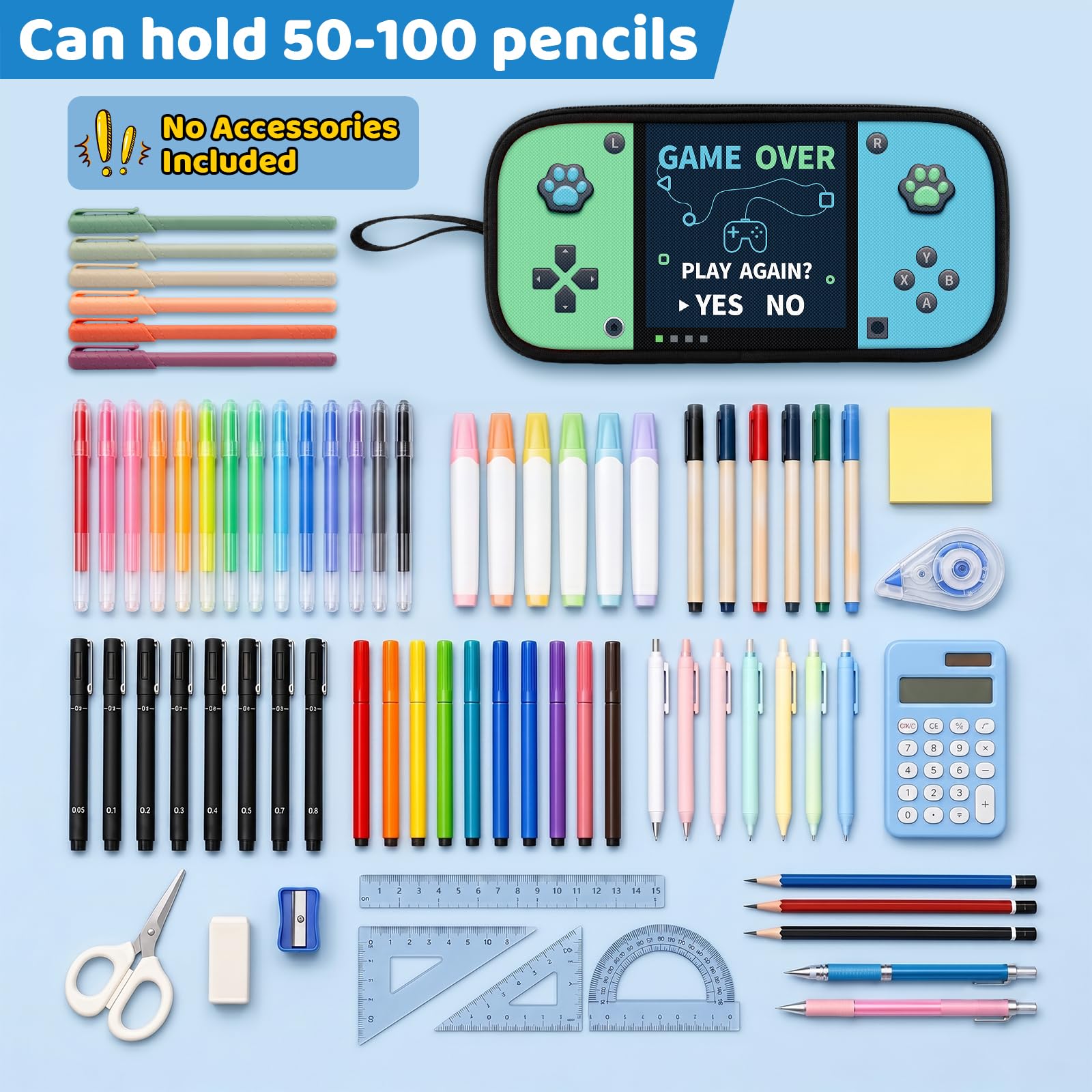 Game Controller Pencil Case for Boys Kids Teens, Large Capacity Pencil Pouch with 3 Compartments, 7 Pockets and Label Pocket for School College Office Travel (Red & Blue)