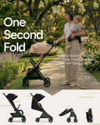Mompush Nexis Carbon Travel Stroller, Ultra-Lightweight 11.5 lbs, Compact & Airplane Carry-On Approved, One-Second Auto-Fold, One-Hand Full Recline, from Birth to 50 lbs, JPMA Certified, Khaki