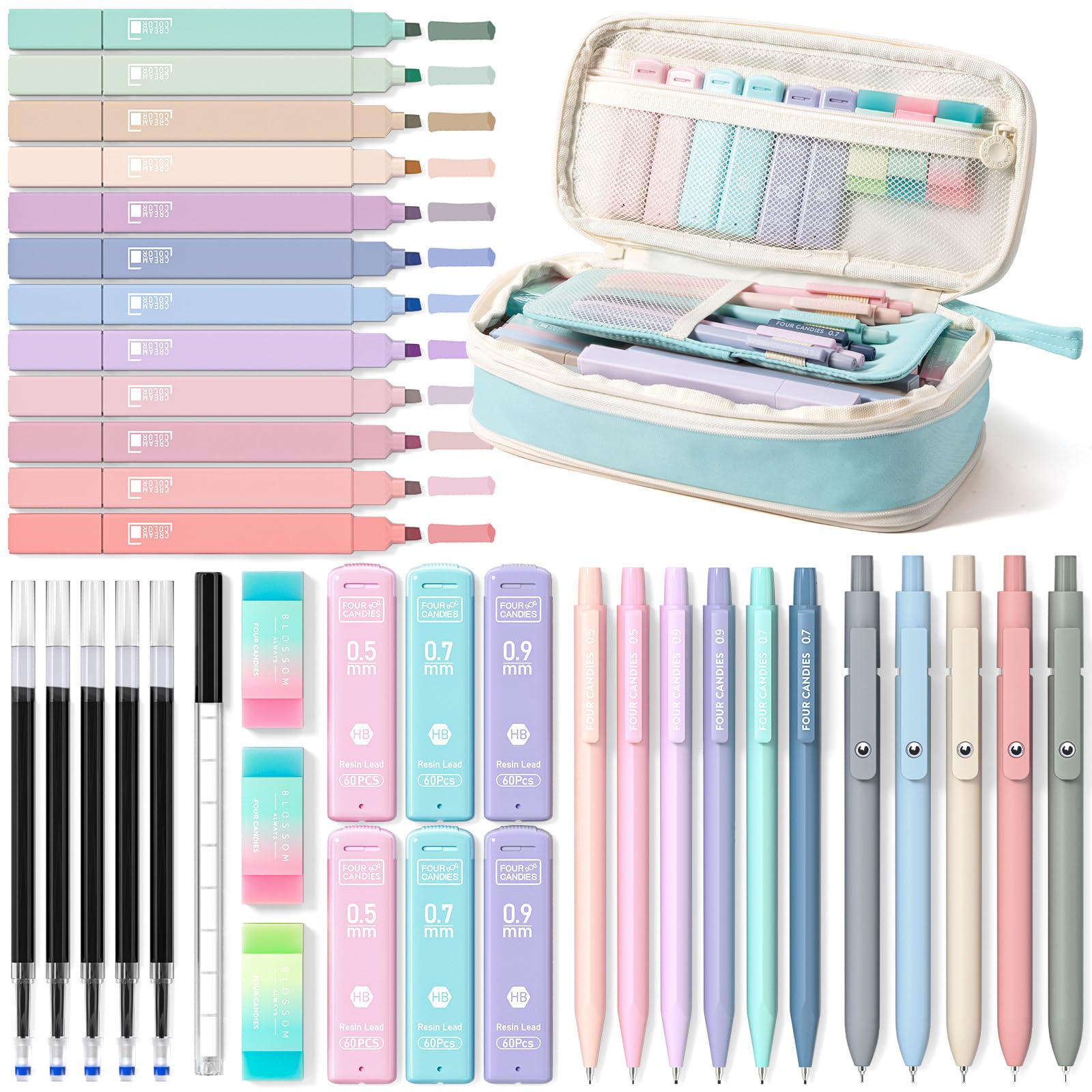 Four Candies 39 PCS Aesthetic Stationery Set with Cute Pen Case, College Supplies and Nursing Essentials, 12 Pastel Highlighters, 5 Black Gel Pens, 6 Mechanical Pencils, Pink