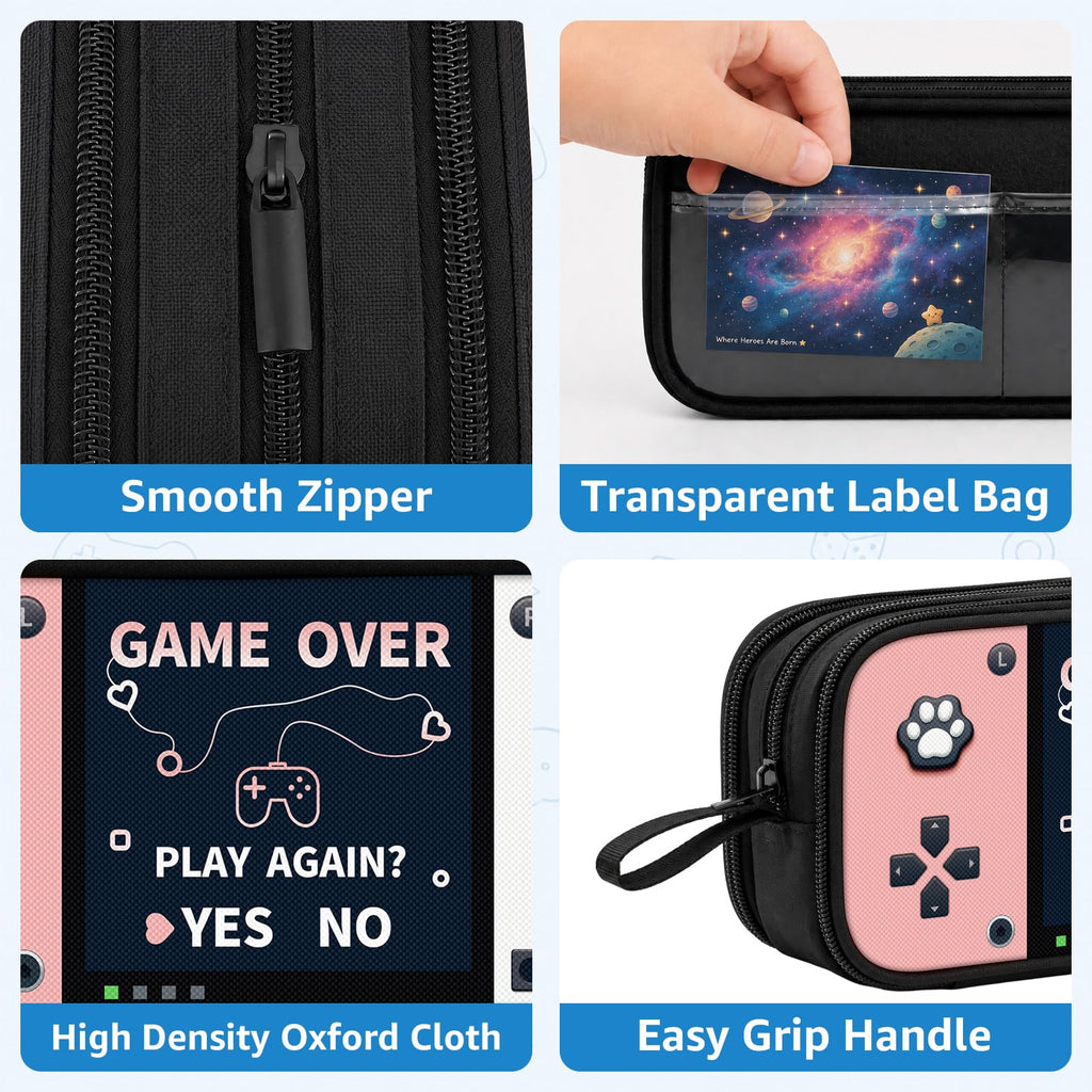 Game Controller Pencil Case for Boys Kids Teens, Large Capacity Pencil Pouch with 3 Compartments, 7 Pockets and Label Pocket for School College Office Travel (Red & Blue)