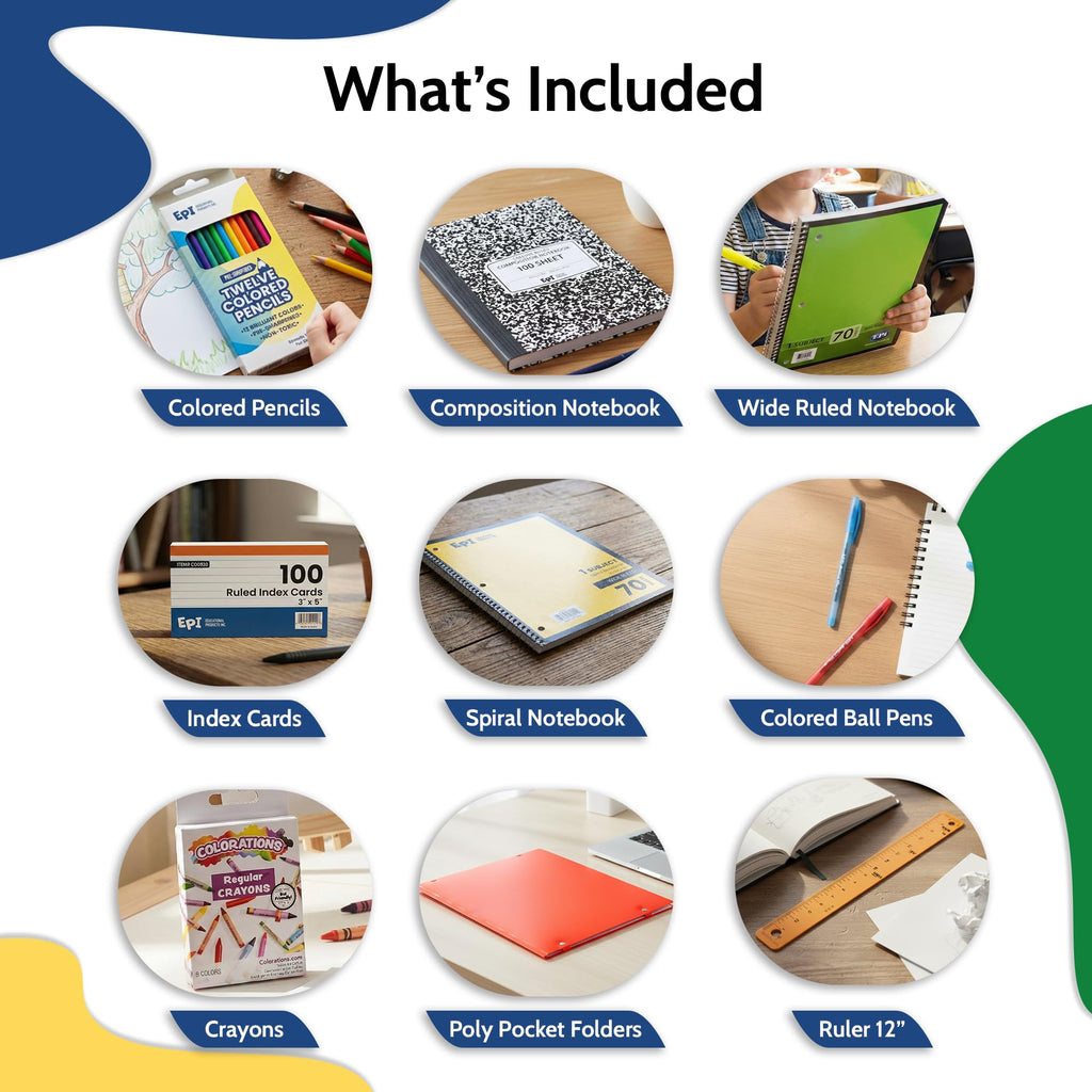 EPI Essentials Back to School Supplies for Kids 6th-12th Grade – 51 Items in Kit – Middle to High School Supply Packs – College-Ruled Bundle with Composition Notebooks – Suitable for Homeschooling