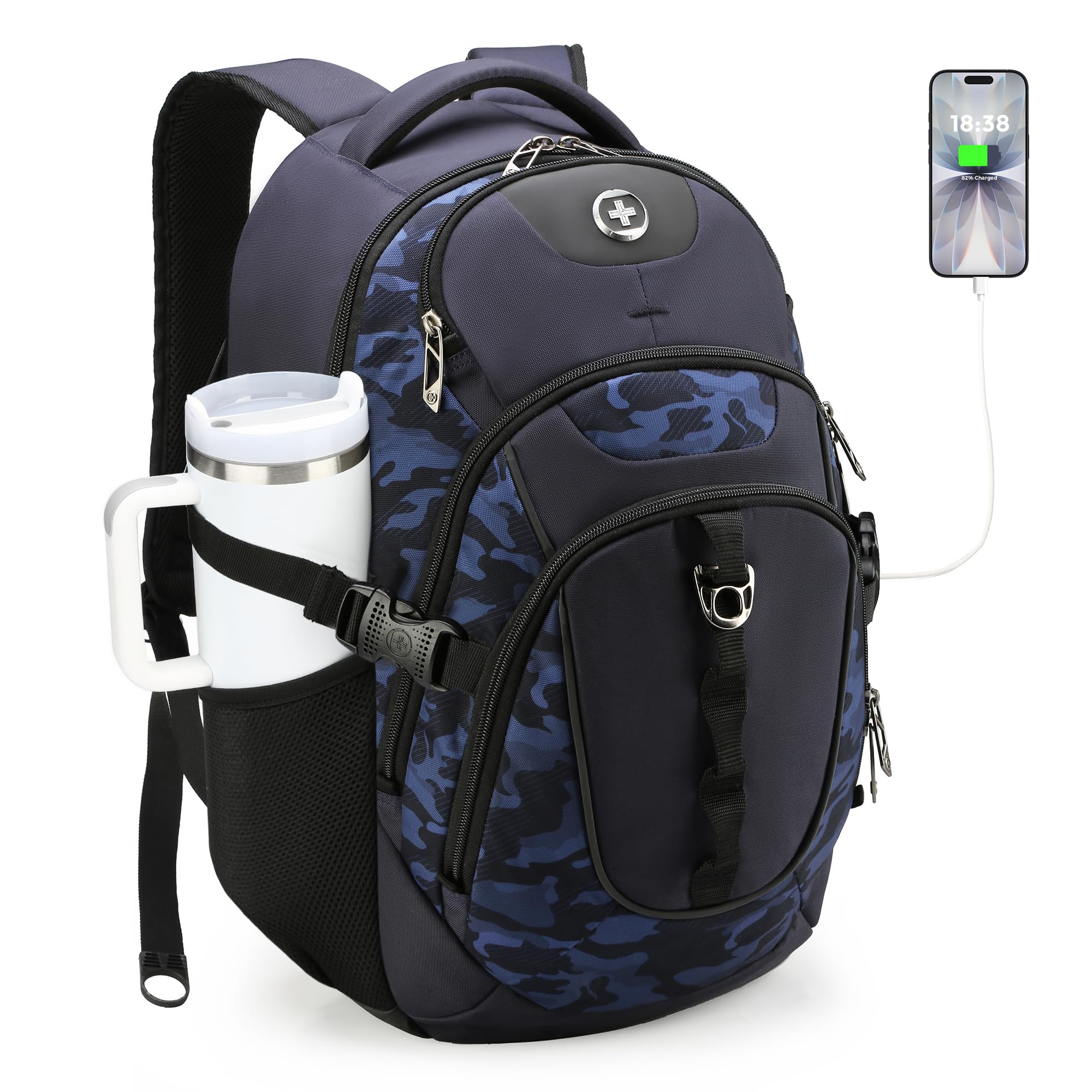 Swissdigital Design Laptop Backpack with USB Charging Port, Travel Backpack Fits 15.6 inches Computer, 31L College School Backpack for Men, Black | SD803-01