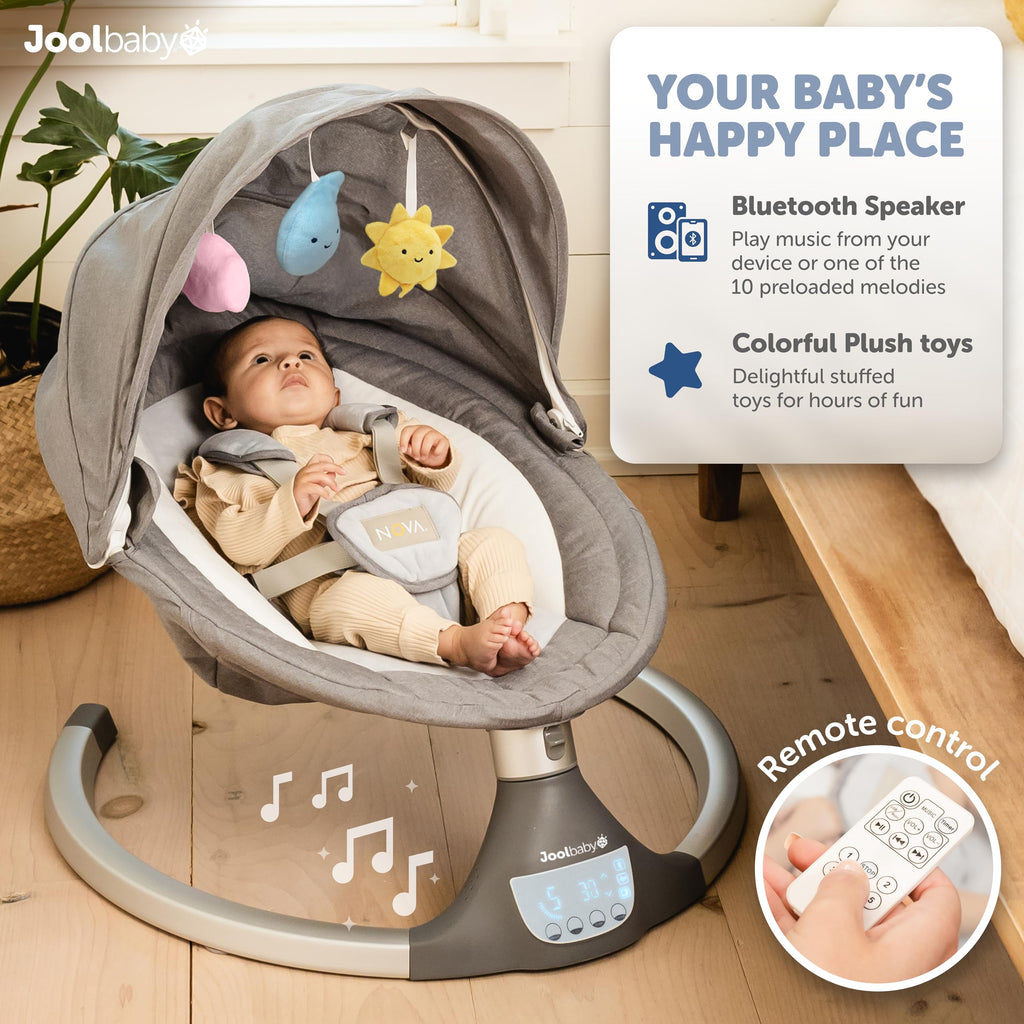 Jool Baby Nova Baby Swing for Infants – Bluetooth Music, Remote (Gray) | Keep Baby Happy While Getting Things Done – Gentle Side-to-Side Motion Helps Baby Feel Content