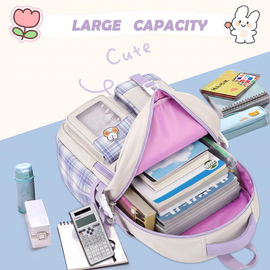 PRLINJSK Girls Backpack，Cute School Backpack for Girls Kids Teens，Kawaii Bookbag for Primary Elementary，Purple
