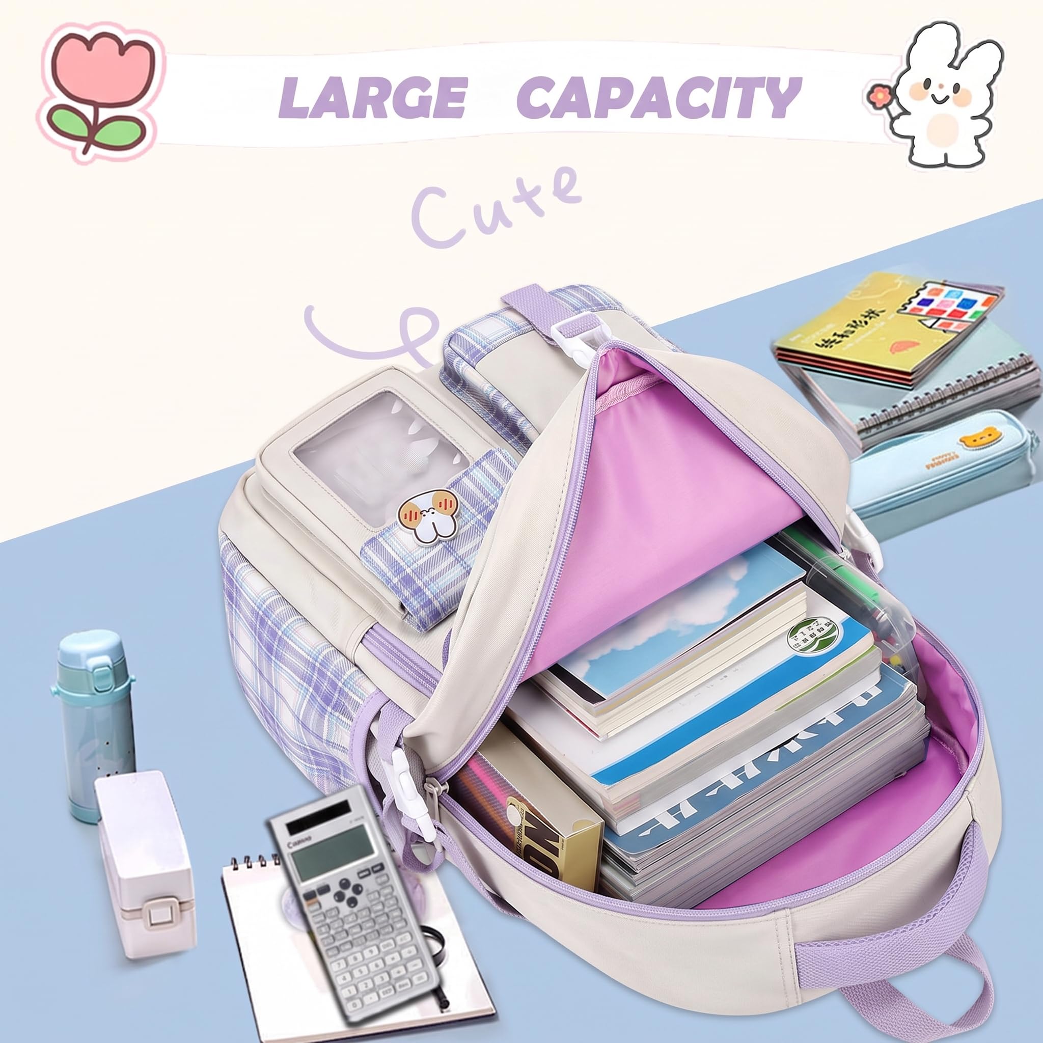 PRLINJSK Girls Backpack，Cute School Backpack for Girls Kids Teens，Kawaii Bookbag for Primary Elementary，Purple