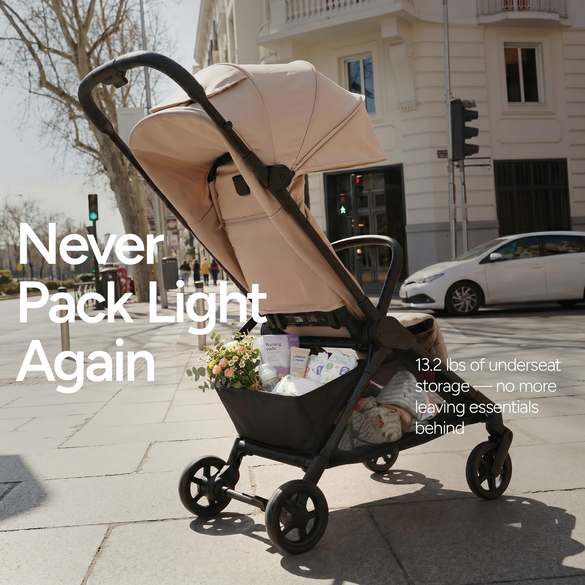 Mompush Nexis Carbon Travel Stroller, Ultra-Lightweight 11.5 lbs, Compact & Airplane Carry-On Approved, One-Second Auto-Fold, One-Hand Full Recline, from Birth to 50 lbs, JPMA Certified, Khaki