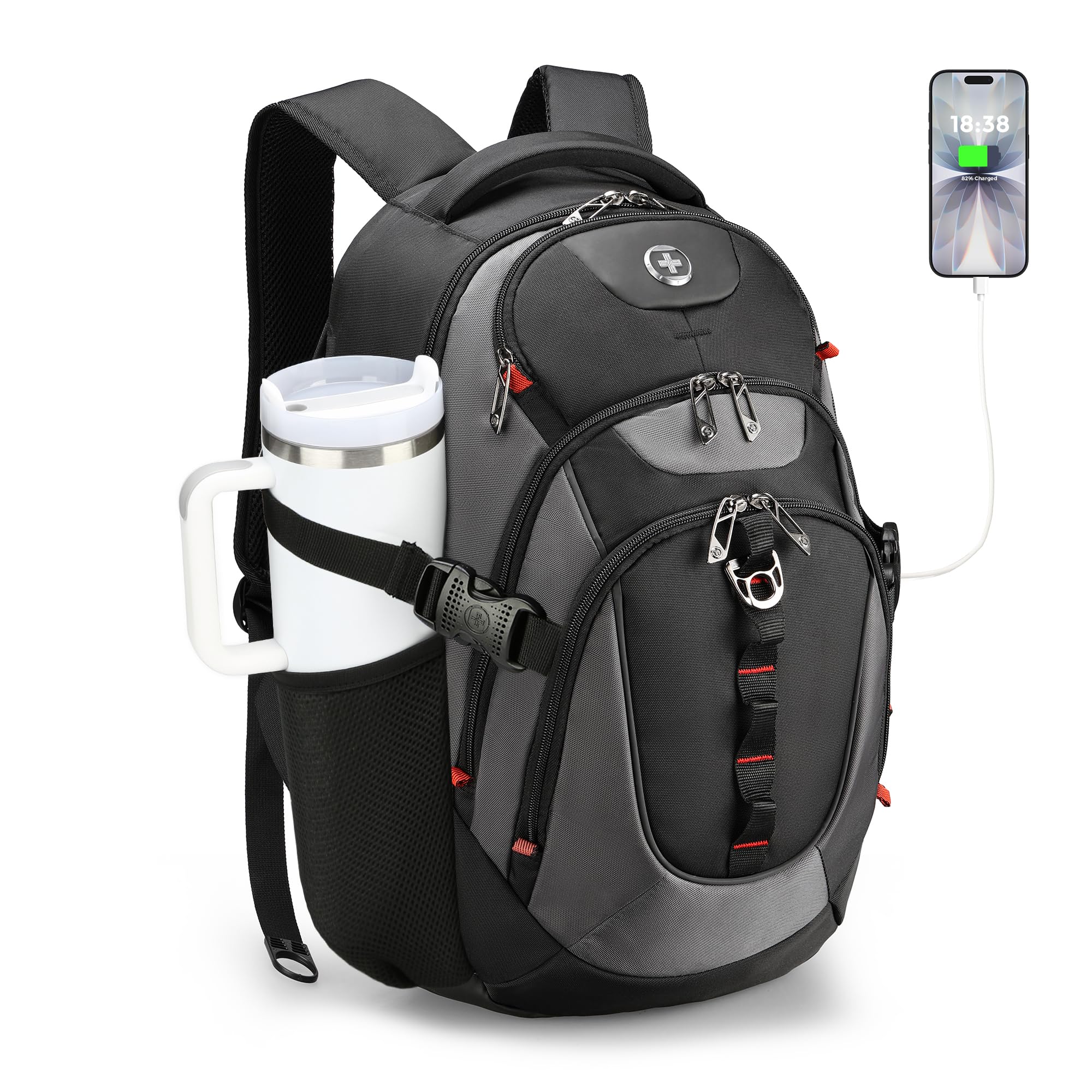 Swissdigital Design Laptop Backpack with USB Charging Port, Travel Backpack Fits 15.6 inches Computer, 31L College School Backpack for Men, Black | SD803-01