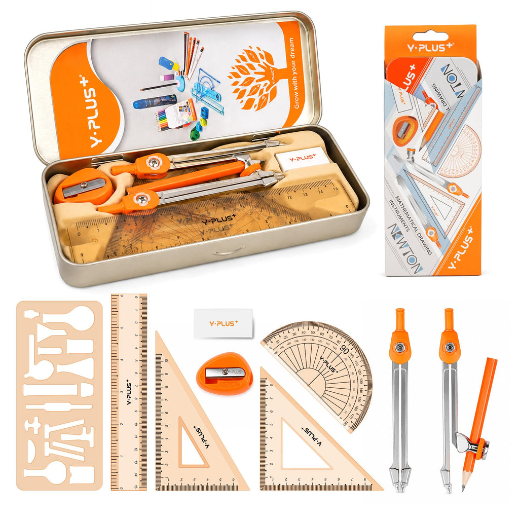 YPLUS Geometry Set for Students, Compass Drawing Tool with Metal Case, Math Protractor with Protractor, Rulers, Metal Compass, Mechanical Pencil - 12 Pcs, Back to School Supplies for Students