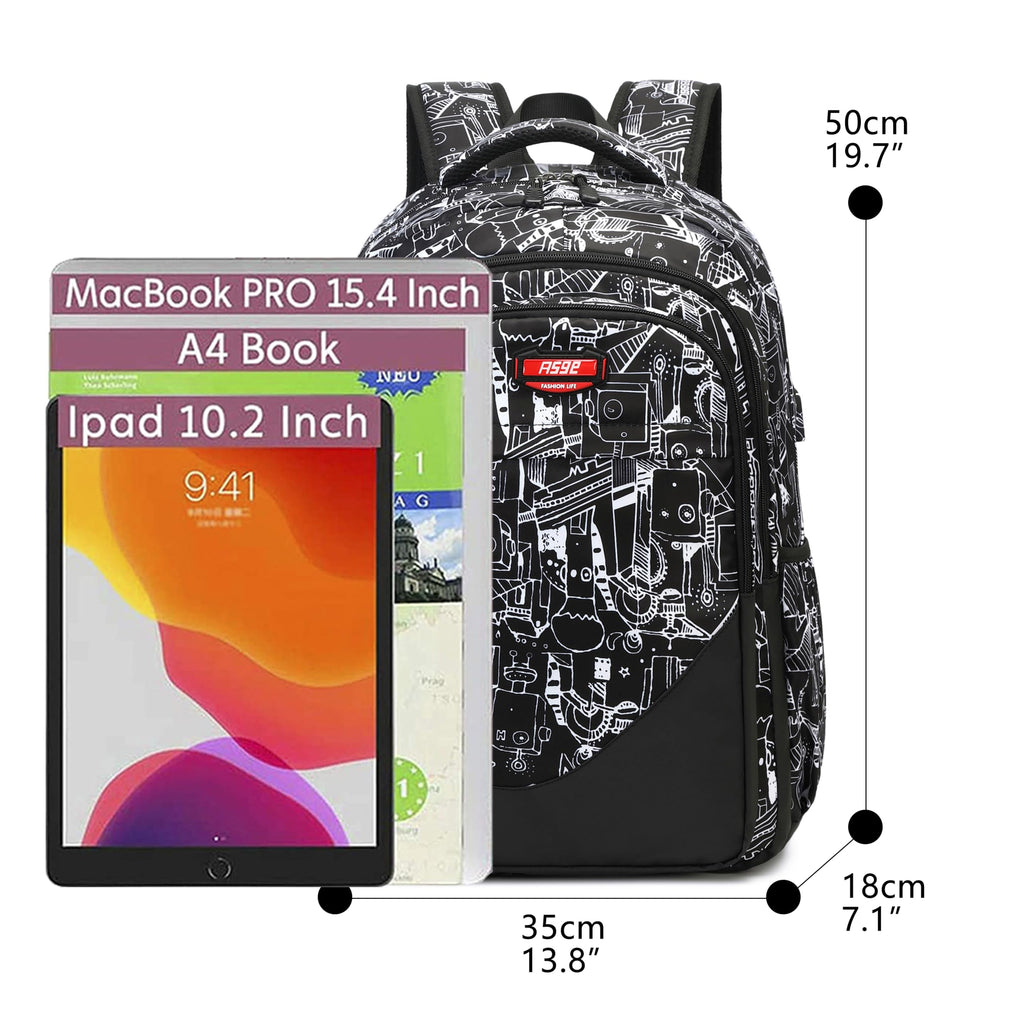 Asge Large Nylon Backpacks for Boys & Girls, Waterproof Satchel with Print, School Bags for 8-16 Years