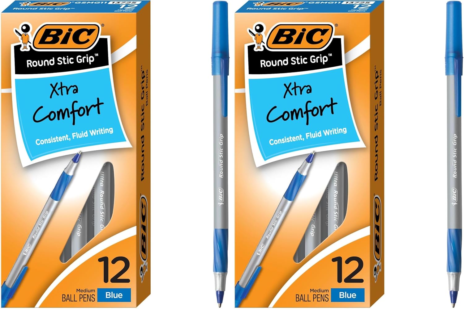 BIC Round Stic Grip Xtra Comfort Blue Ballpoint Pens, Medium Point (1.2mm), 12-Count Pack, Excellent Writing Pens With Soft Grip for Superb Comfort and Control