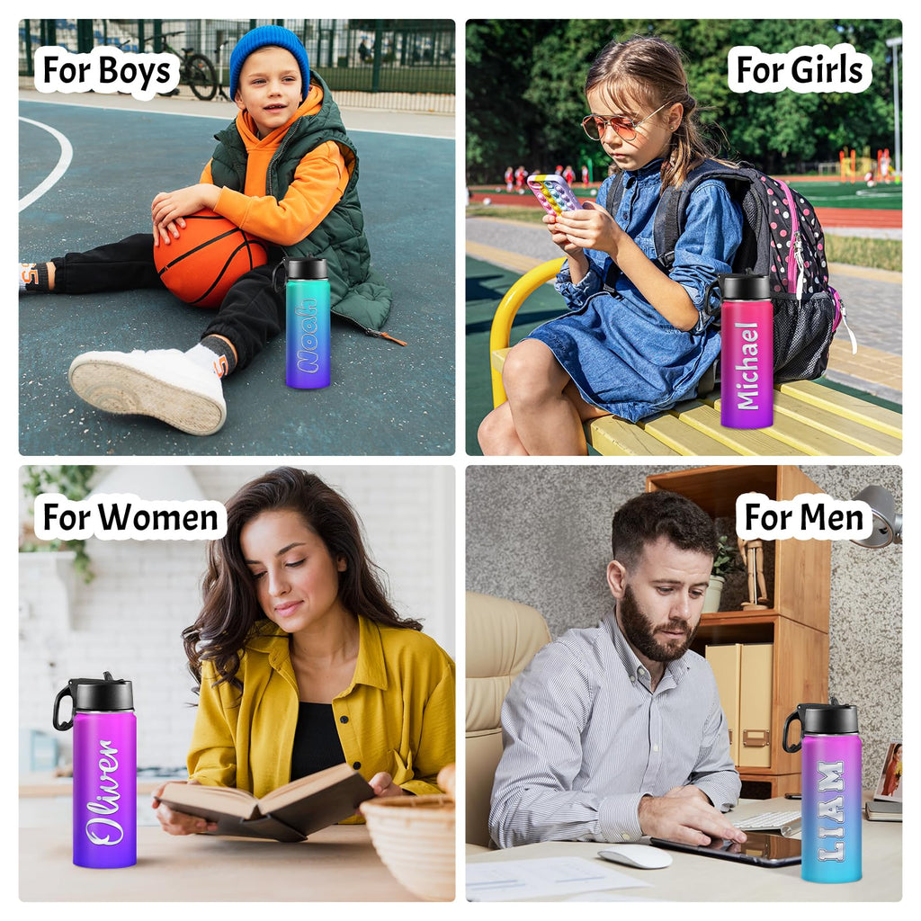 Back to School, Personalized Insulated Water Bottle for Kids 18oz Custom Name Stainless Steel Sports Water Bottles with Straw Lid Gifts for girls Boys woman man School Sports