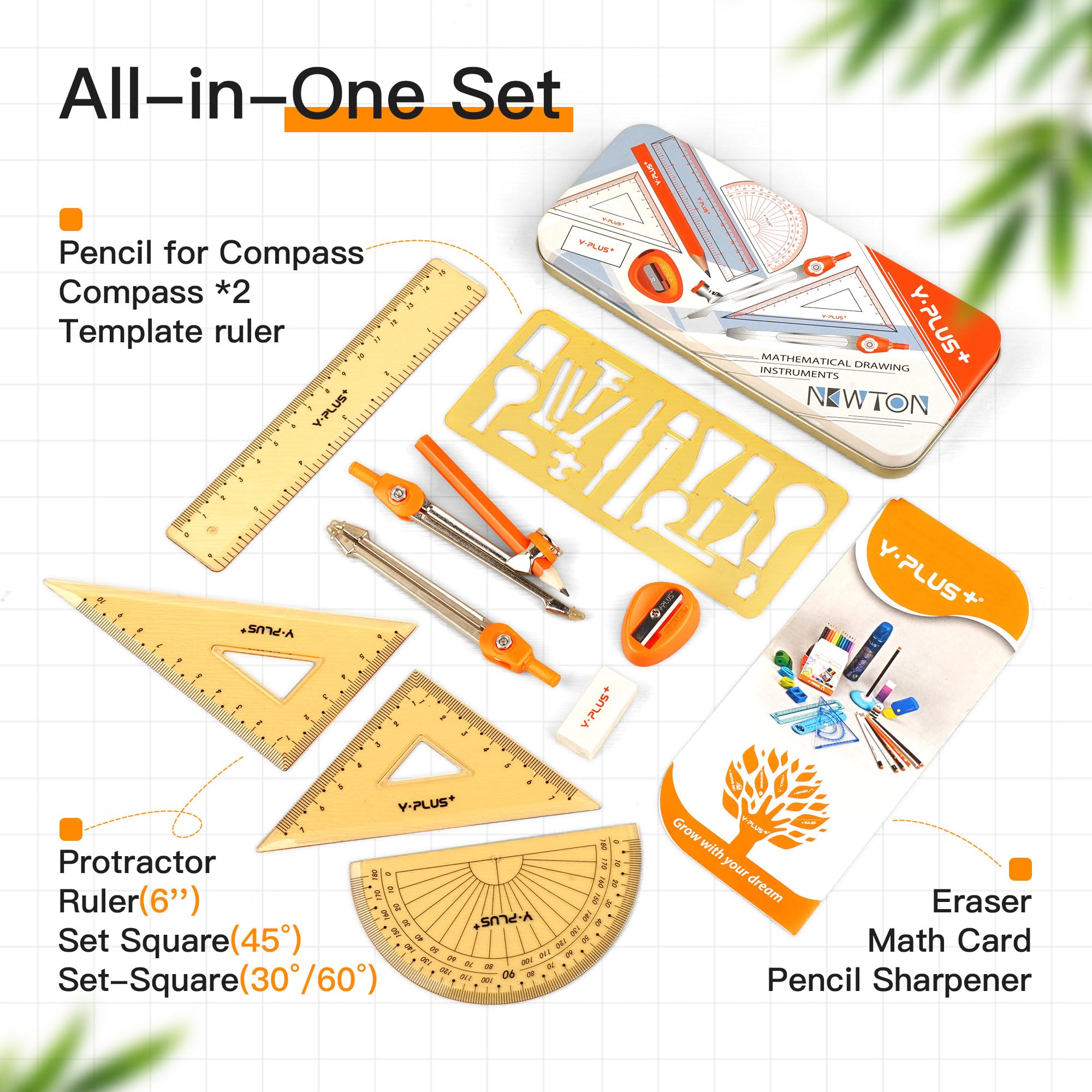 YPLUS Geometry Set for Students, Compass Drawing Tool with Metal Case, Math Protractor with Protractor, Rulers, Metal Compass, Mechanical Pencil - 12 Pcs, Back to School Supplies for Students