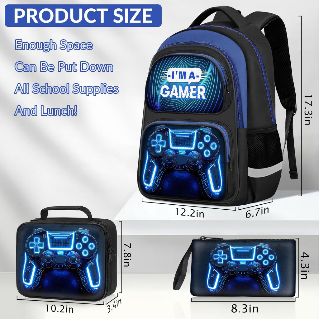 School Backpack for Boys - Gamer Boys Backpack for Kids Children Teens Elementary Middle School - 17″ Video Game Bookbag Travel Back Pack for Age 6-18