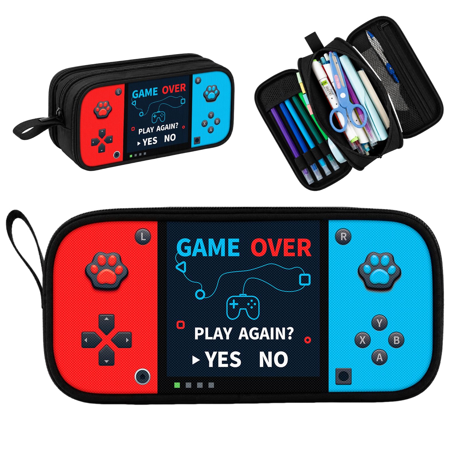 Game Controller Pencil Case for Boys Kids Teens, Large Capacity Pencil Pouch with 3 Compartments, 7 Pockets and Label Pocket for School College Office Travel (Red & Blue)