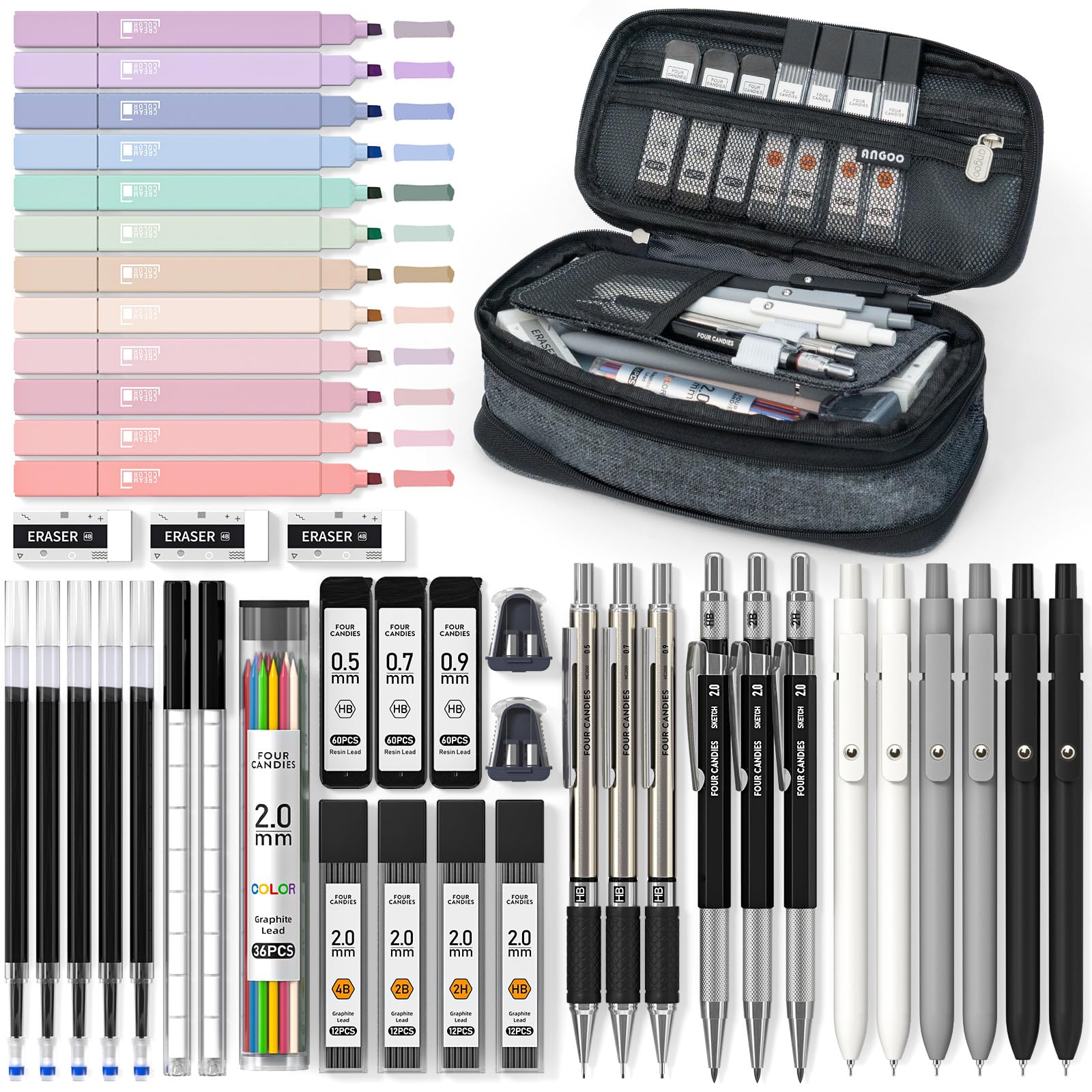 Four Candies 39 PCS Aesthetic Stationery Set with Cute Pen Case, College Supplies and Nursing Essentials, 12 Pastel Highlighters, 5 Black Gel Pens, 6 Mechanical Pencils, Pink