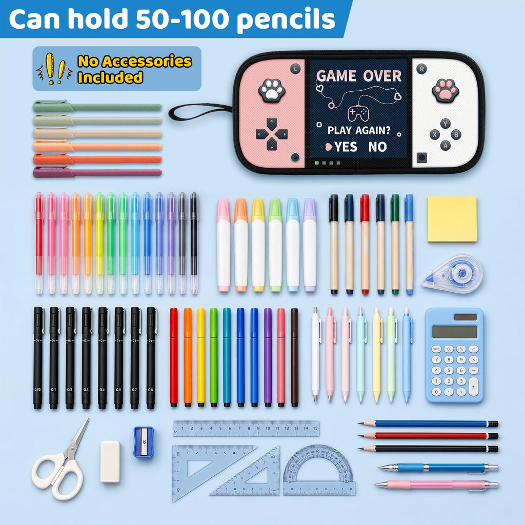 Game Controller Pencil Case for Boys Kids Teens, Large Capacity Pencil Pouch with 3 Compartments, 7 Pockets and Label Pocket for School College Office Travel (Red & Blue)