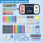 Game Controller Pencil Case for Boys Kids Teens, Large Capacity Pencil Pouch with 3 Compartments, 7 Pockets and Label Pocket for School College Office Travel (Red & Blue)