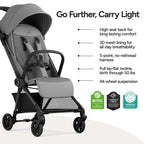 Mompush Nexis Carbon Travel Stroller, Ultra-Lightweight 11.5 lbs, Compact & Airplane Carry-On Approved, One-Second Auto-Fold, One-Hand Full Recline, from Birth to 50 lbs, JPMA Certified, Khaki