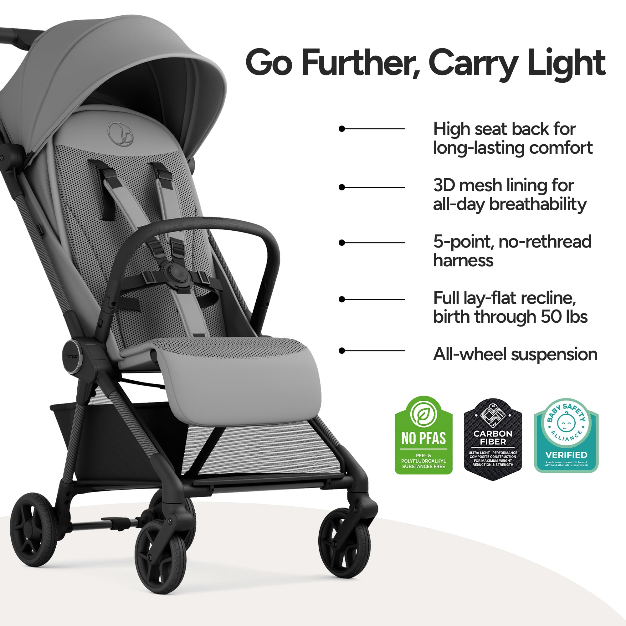 Mompush Nexis Carbon Travel Stroller, Ultra-Lightweight 11.5 lbs, Compact & Airplane Carry-On Approved, One-Second Auto-Fold, One-Hand Full Recline, from Birth to 50 lbs, JPMA Certified, Khaki