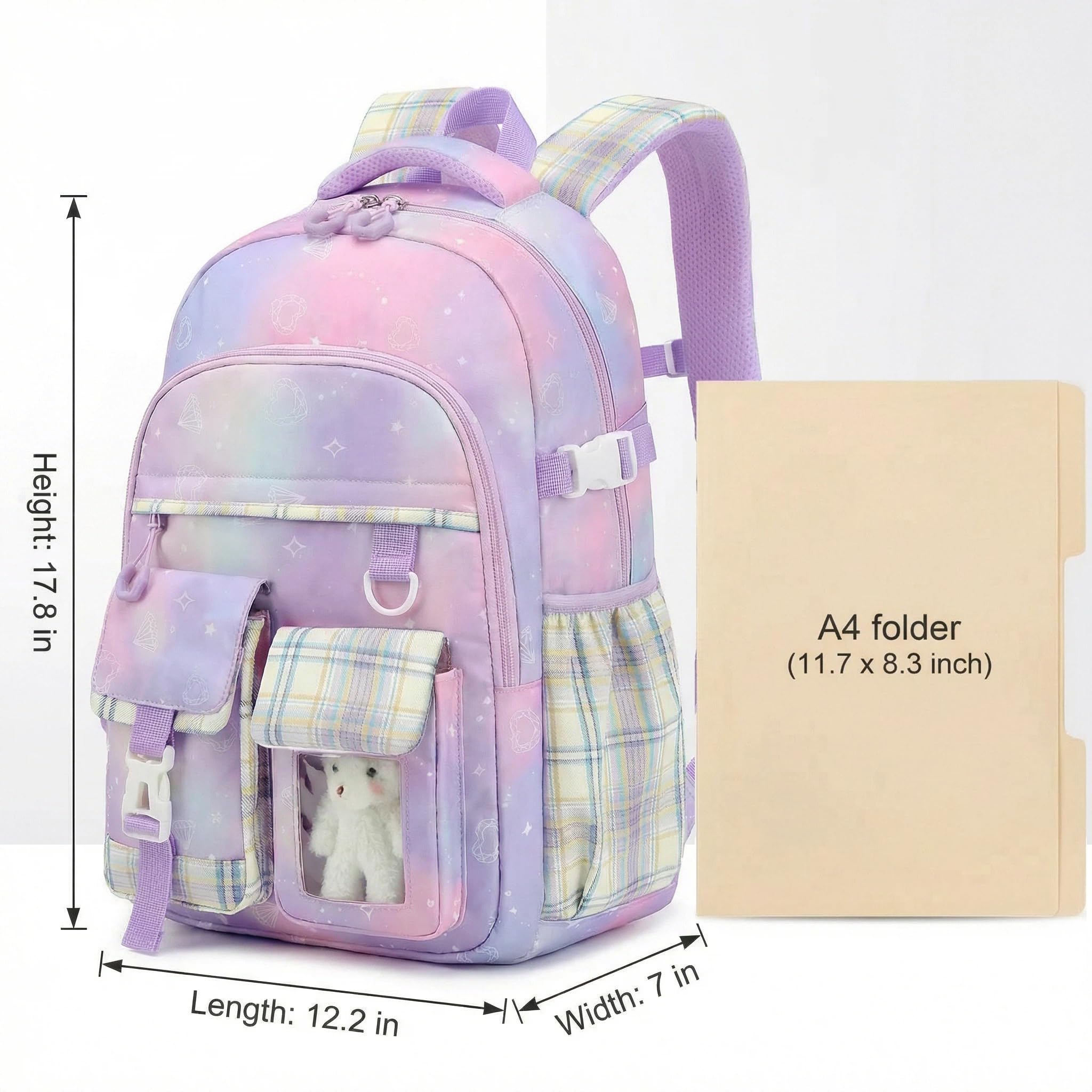PRLINJSK Girls Backpack，Cute School Backpack for Girls Kids Teens，Kawaii Bookbag for Primary Elementary，Purple