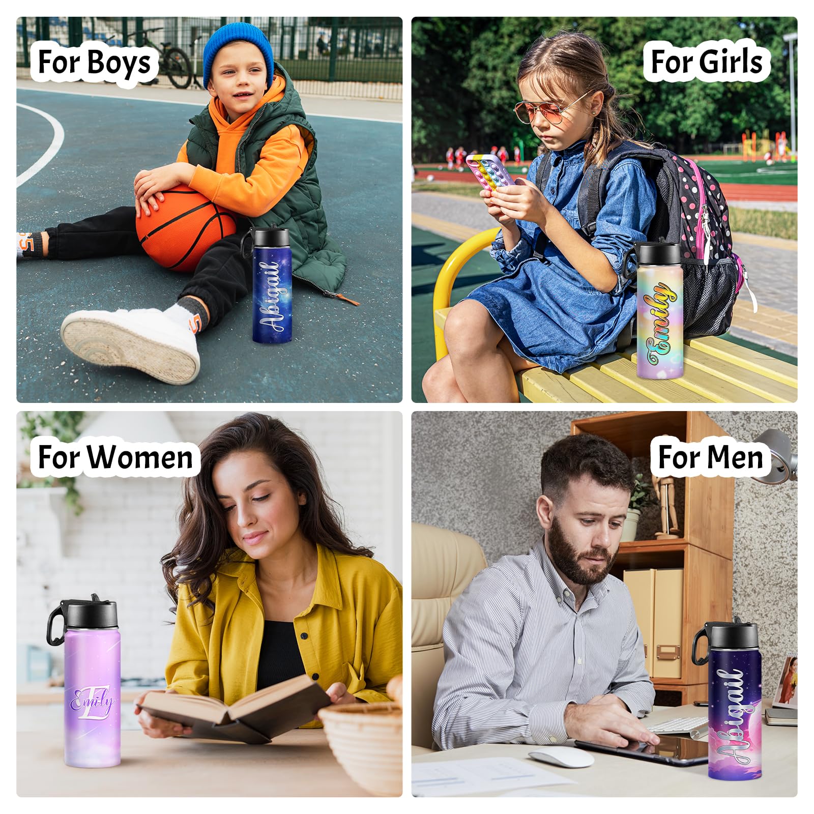 Back to School, Personalized Insulated Water Bottle for Kids 18oz Custom Name Stainless Steel Sports Water Bottles with Straw Lid Gifts for girls Boys woman man School Sports