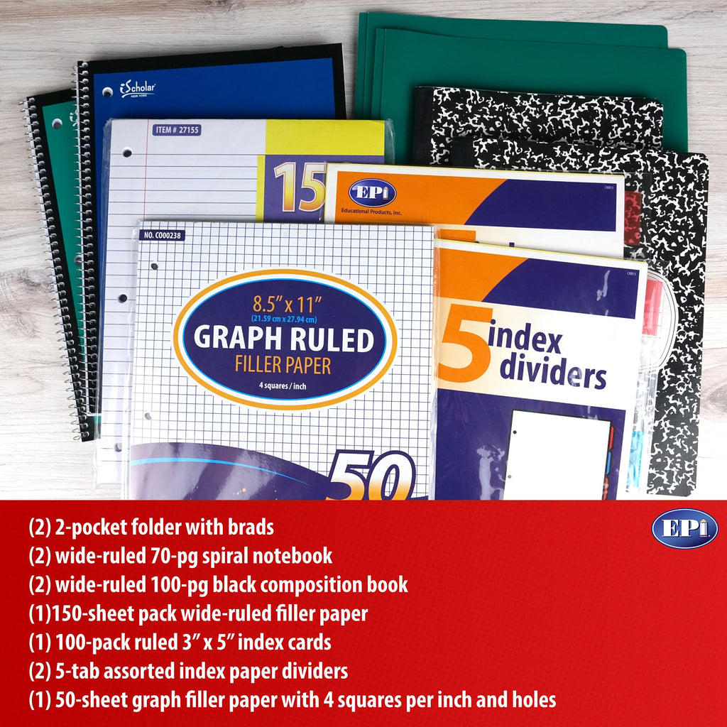 EPI Essentials Back to School Supplies for Kids 6th-12th Grade – 51 Items in Kit – Middle to High School Supply Packs – College-Ruled Bundle with Composition Notebooks – Suitable for Homeschooling