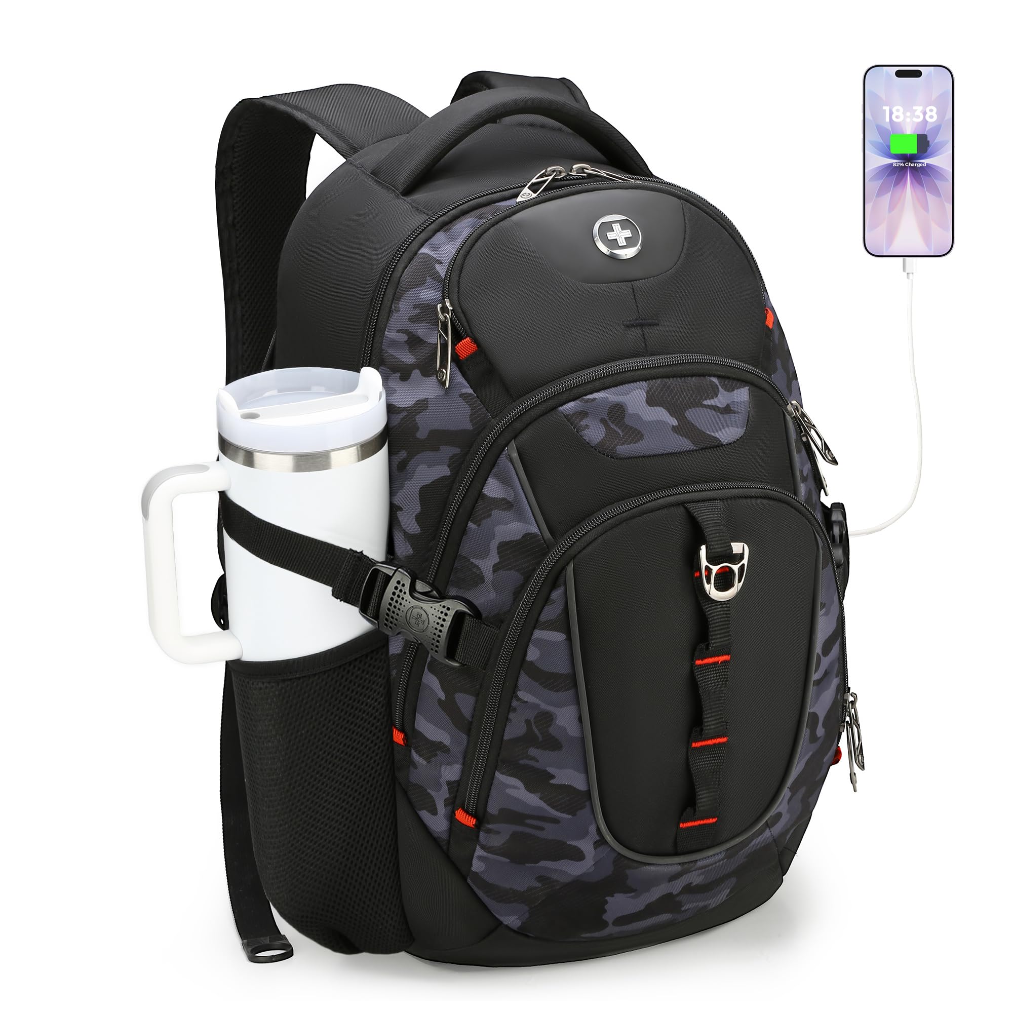Swissdigital Design Laptop Backpack with USB Charging Port, Travel Backpack Fits 15.6 inches Computer, 31L College School Backpack for Men, Black | SD803-01