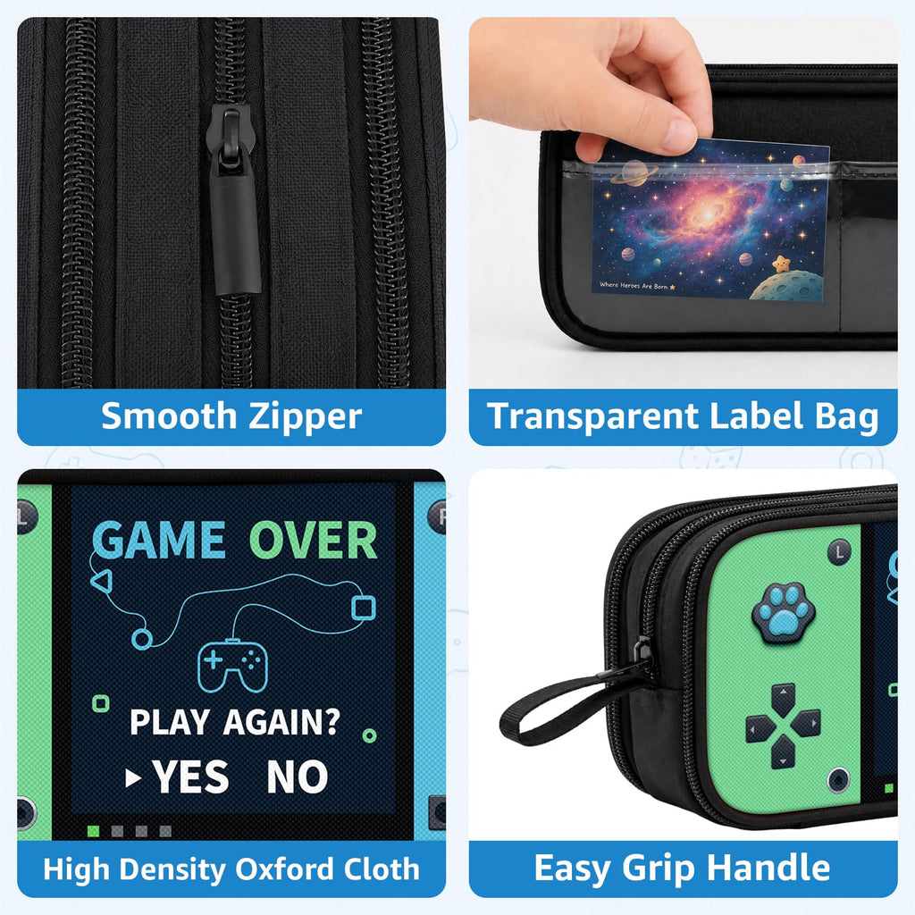 Game Controller Pencil Case for Boys Kids Teens, Large Capacity Pencil Pouch with 3 Compartments, 7 Pockets and Label Pocket for School College Office Travel (Red & Blue)