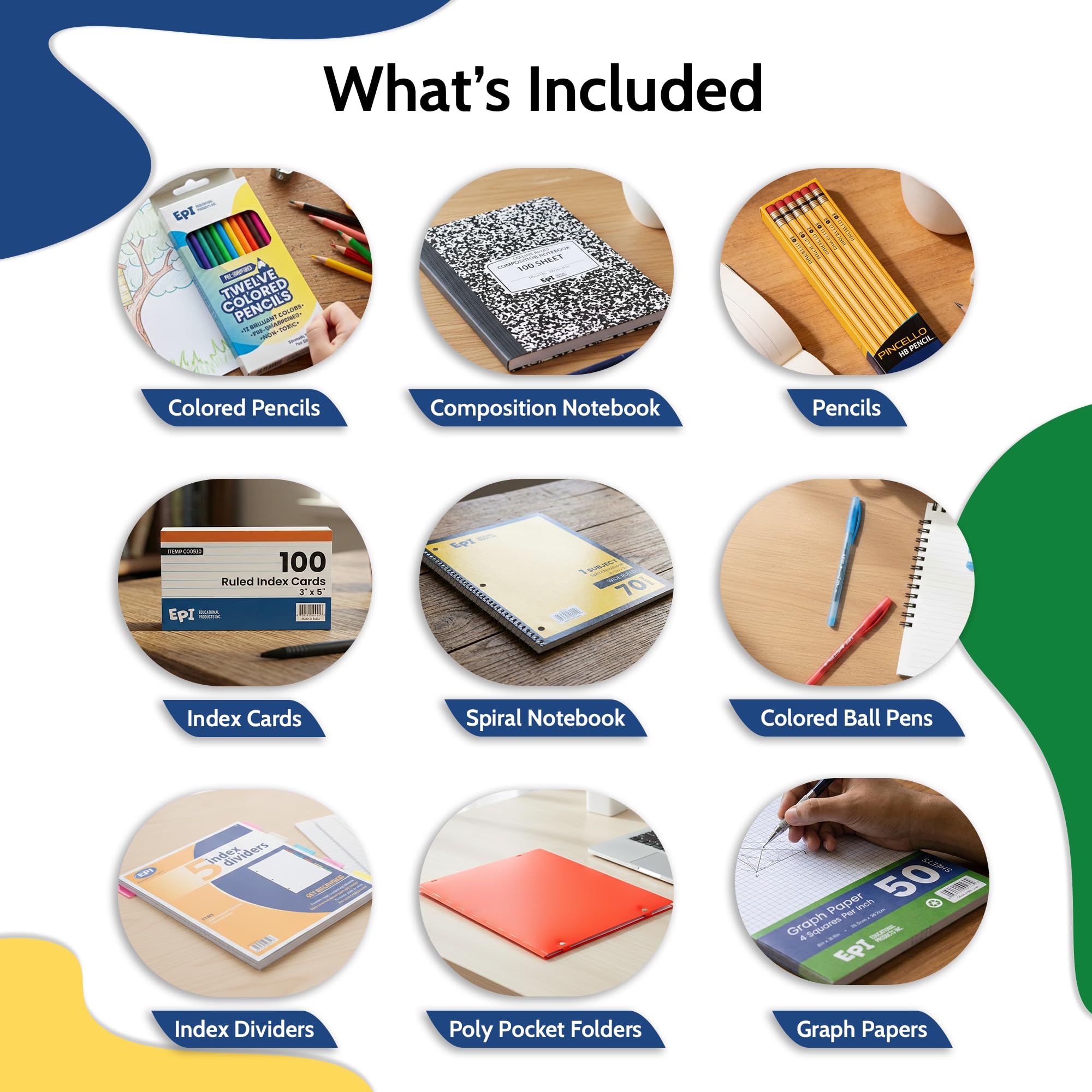EPI Essentials Back to School Supplies for Kids 6th-12th Grade – 51 Items in Kit – Middle to High School Supply Packs – College-Ruled Bundle with Composition Notebooks – Suitable for Homeschooling