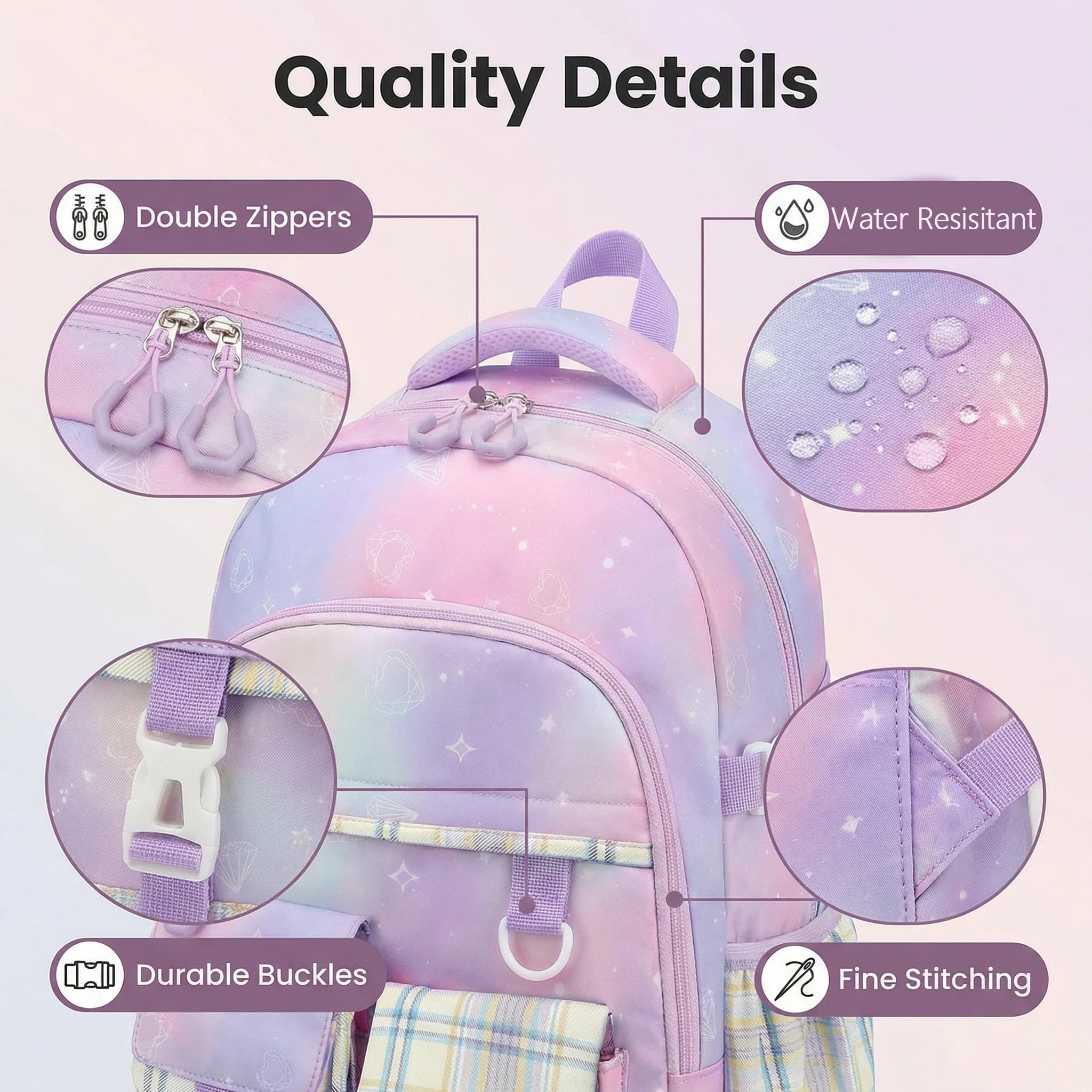 PRLINJSK Girls Backpack，Cute School Backpack for Girls Kids Teens，Kawaii Bookbag for Primary Elementary，Purple
