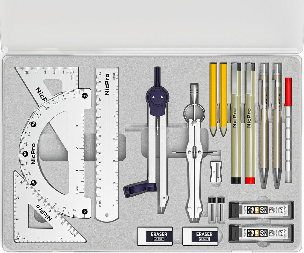 Nicpro 20PCS Professional Geometry Set with Case, Drafting Tools with Protractor and Compass, Metal Rulers, Triangles, Pens, Pencils, Drawing Supplies, Drafting Kit for Architect Engineer Students