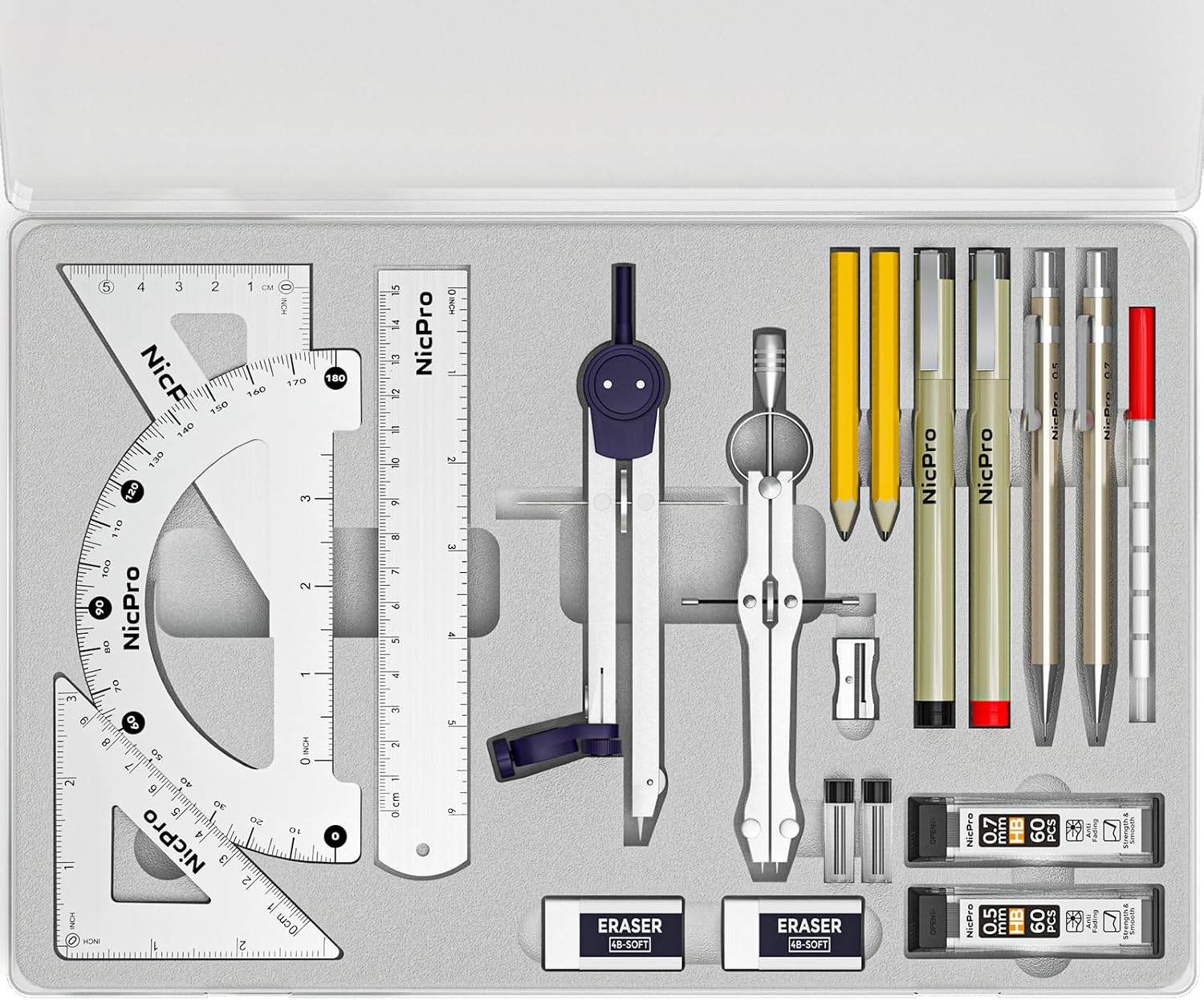 Nicpro 20PCS Professional Geometry Set with Case, Drafting Tools with Protractor and Compass, Metal Rulers, Triangles, Pens, Pencils, Drawing Supplies, Drafting Kit for Architect Engineer Students